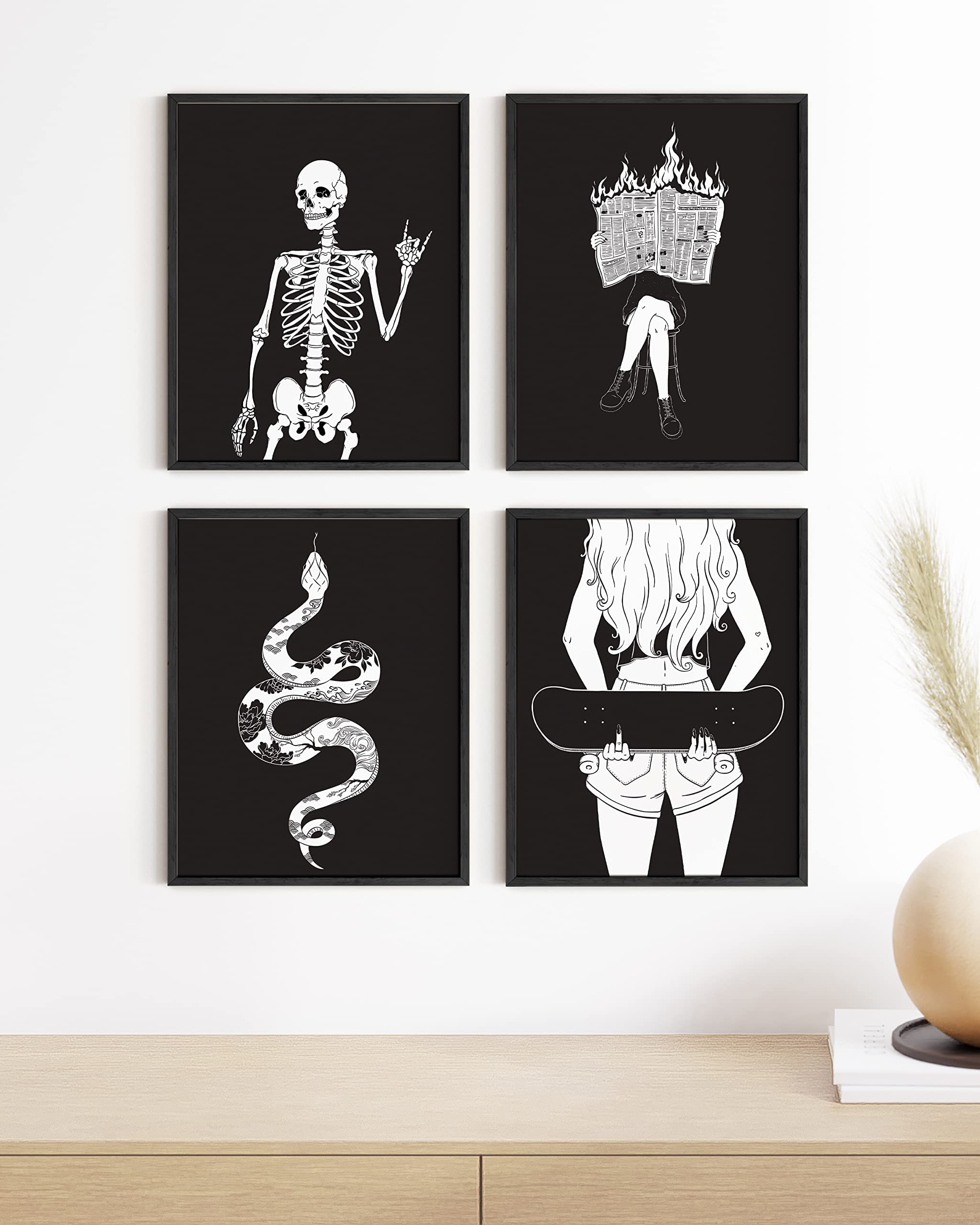 Haus And Hues Gothic Wall Decor Set Of 4 - Halloween Pictures Wall Decor For Teen Girls, Skeleton Wall Art For Halloween Decorat