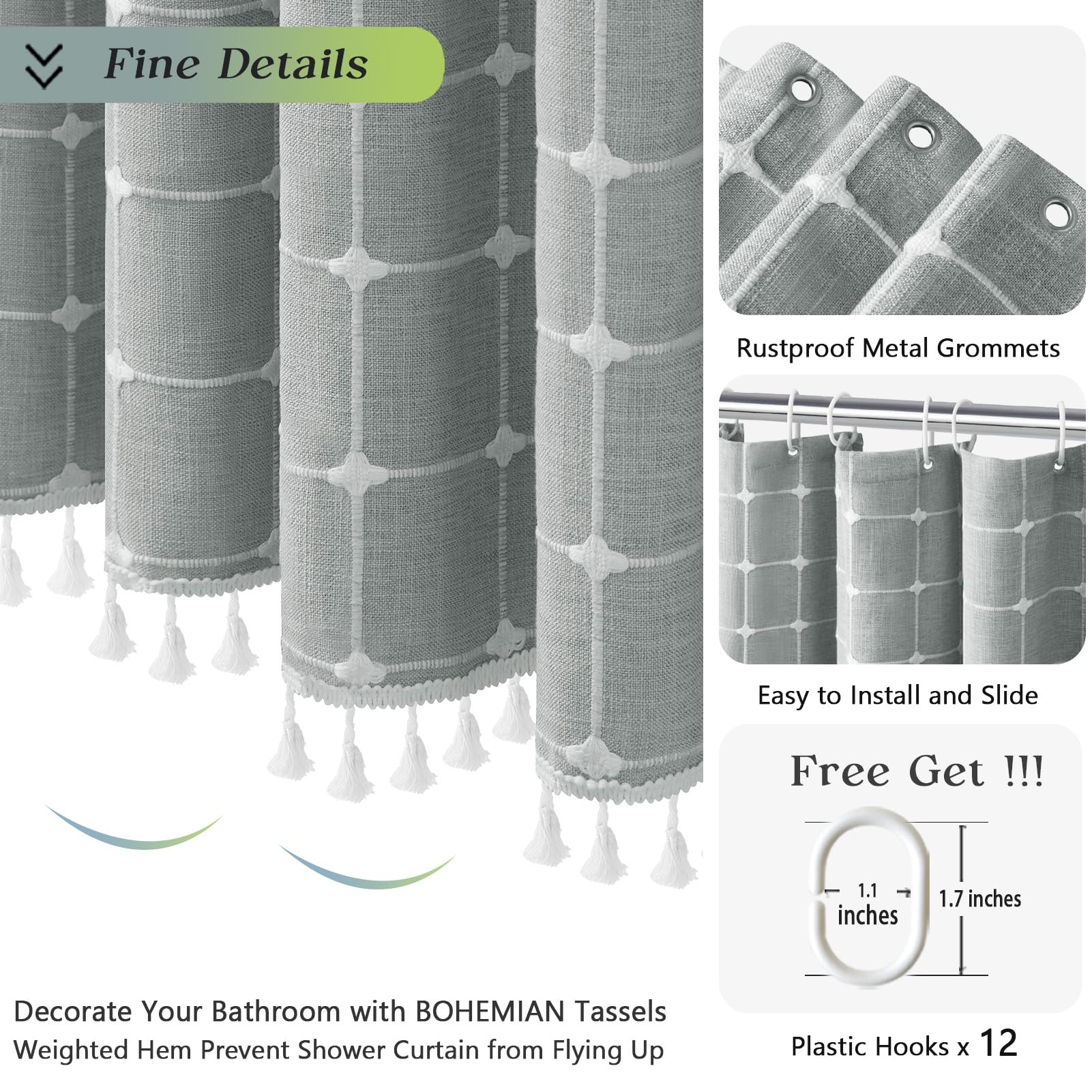 Boho Shower Curtain Farmhouse Linen Waterproof Thick Fabric Checkered Shower Curtain Set With Tassels, Modern Luxury Hotel Weigh