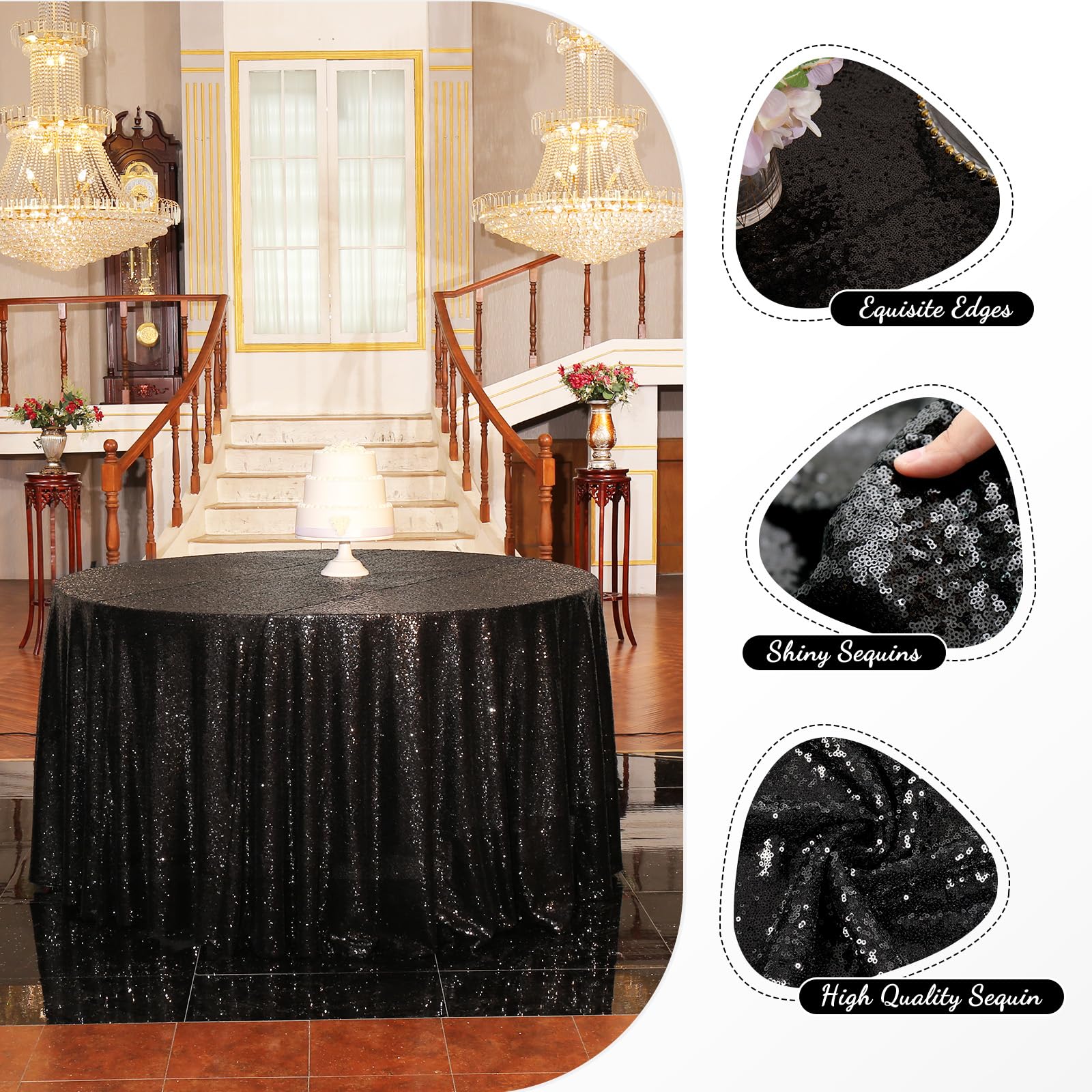 Partydelight Sequin Tablecloth Round 50'' Black Tablecloth Shimmer Table Cloths Sparkle Glitter Christmas Decorations