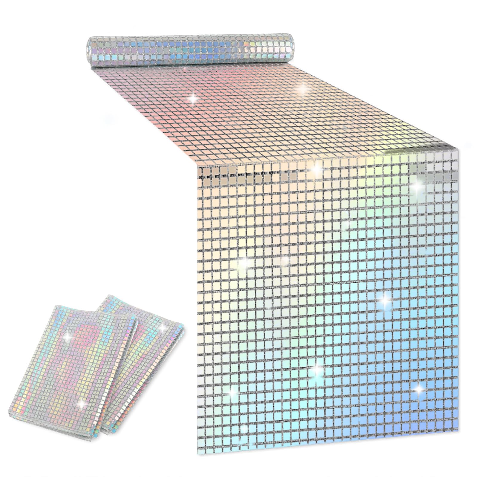 Whaline 71 x 12 Inch Glitter Disco Party Table Runner Iridescence Silver Mirror Table Cloth Decoration Retro Tables Cover for 70