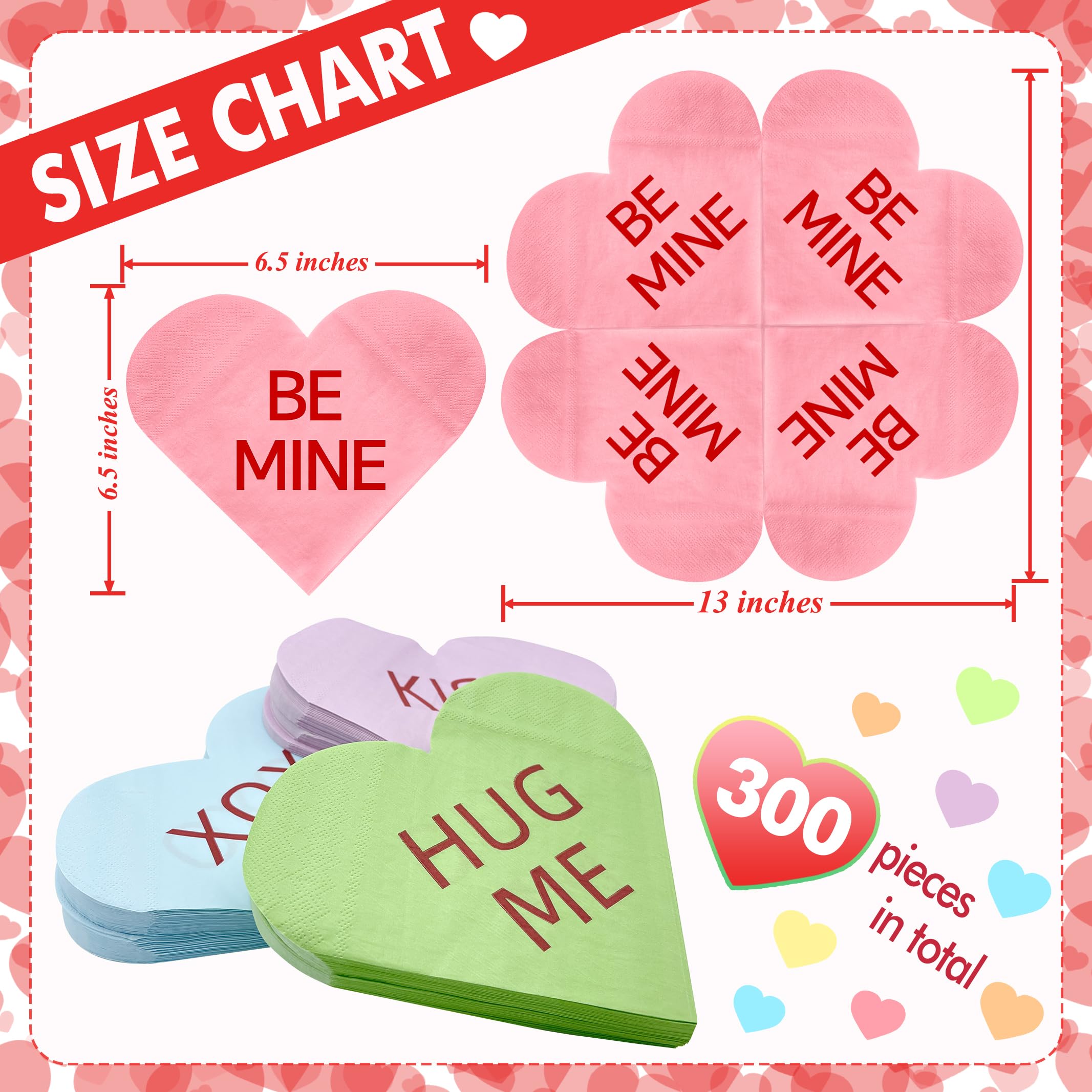 300 Pieces Valentine'S Day Heart Napkins Conversation Heart Napkins Disposable Heart Shaped Paper Napkins Heart Beverage Napkins