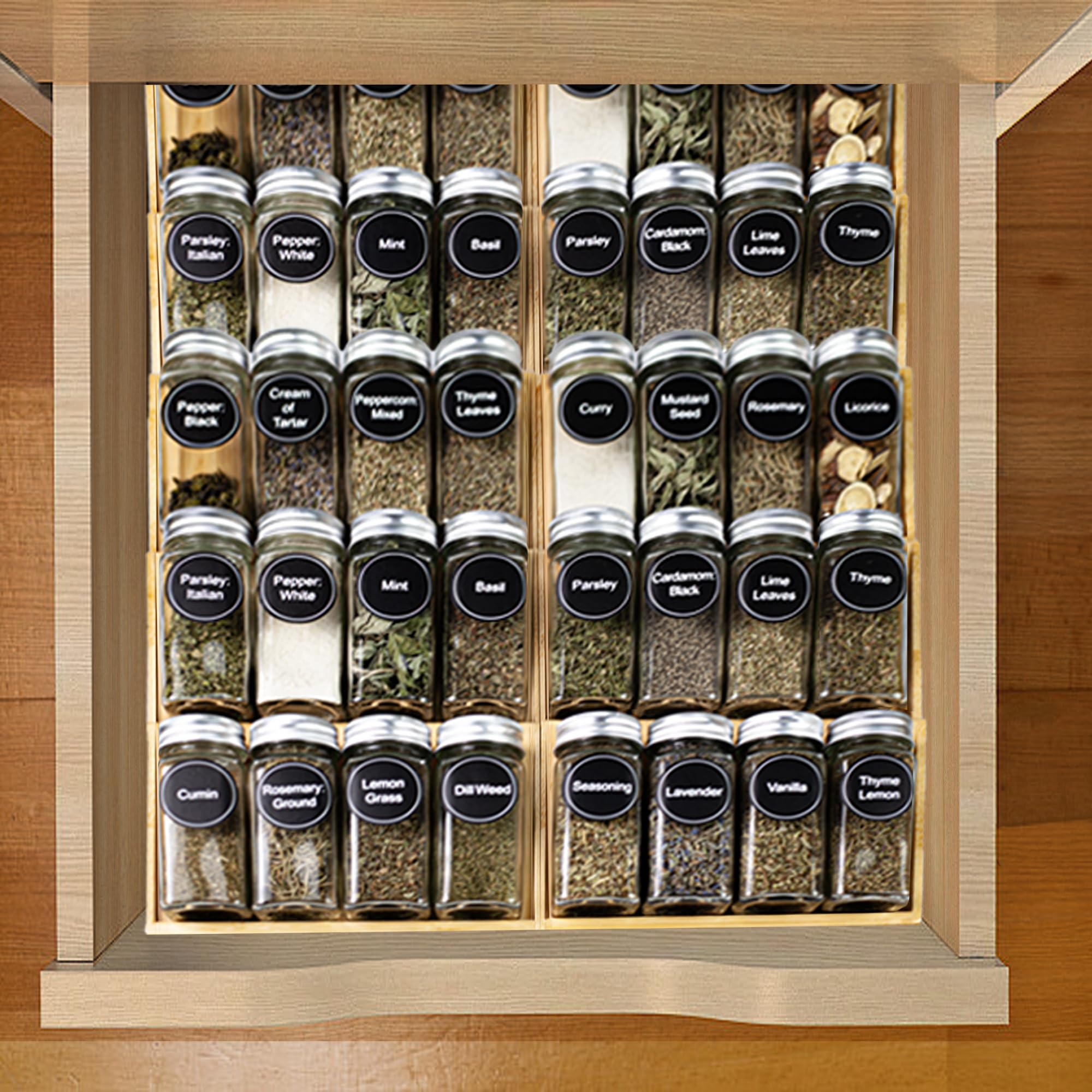 Minboo Bamboo Spice Drawer Organizer With 24 Spice Jars, 432 Spice Labels With Chalk Marker And Funnel Complete Set, Kitchen Dra