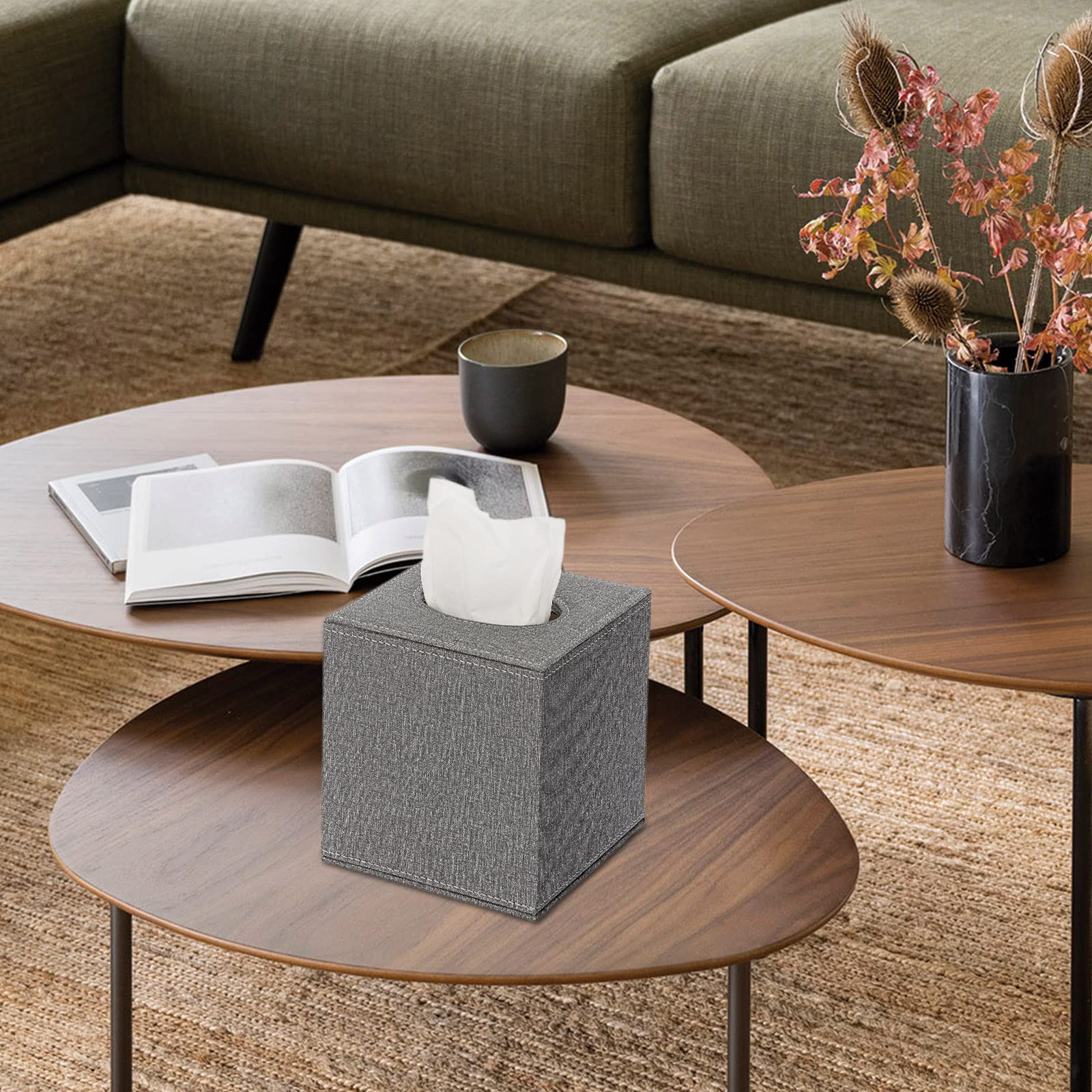 Sumnacon Square Linen Tissue Box Cover - Stylish Cube Tissue Box Holder with Magnetic Bottom  Decorative Tissue Box for Vanity Toilet Dresser Night Stand Table Countertop Home Office Car  Grey