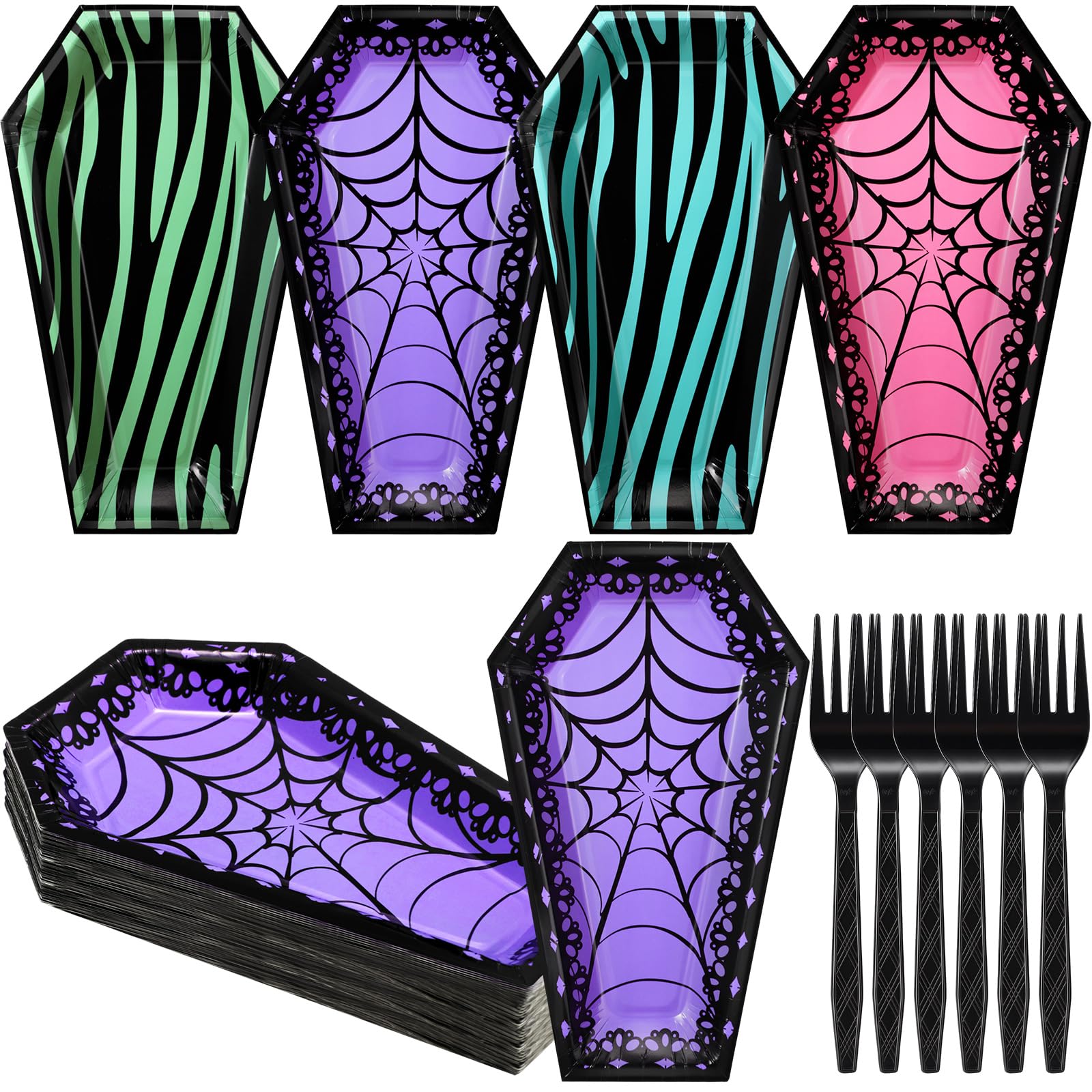 Remerry 24 Sets Halloween Coffin Plates with Black Forks Disposable Skeleton Tombstone Paper Plates and Forks Scary Sweet Birthd