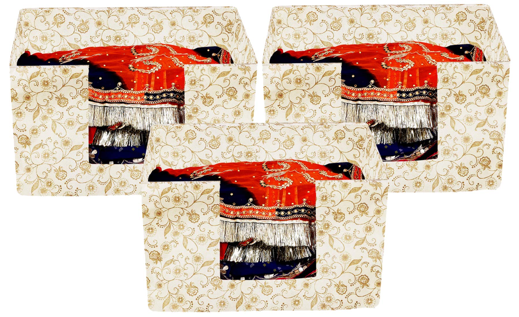 Kuber Industries Metallic Print 3 Pieces Large Capacity Space Saver Closet, Stackable And Foldable Saree, (Brown) Ctktc134560