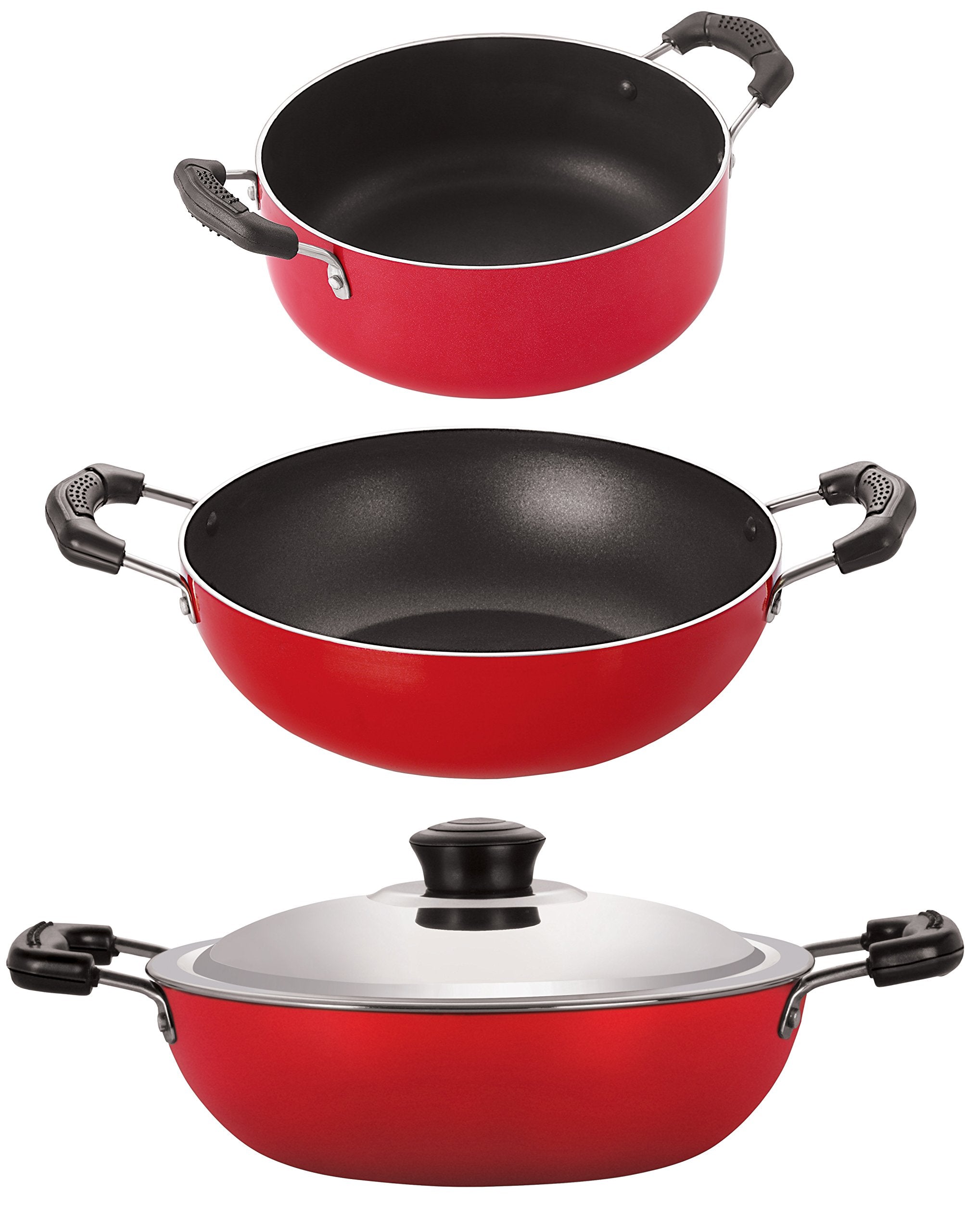 Nirlon NonStick Aluminum Cookware Set, 3Piece, Red And Black (2.6Mm_Dkdb_Kd12_Cass20)