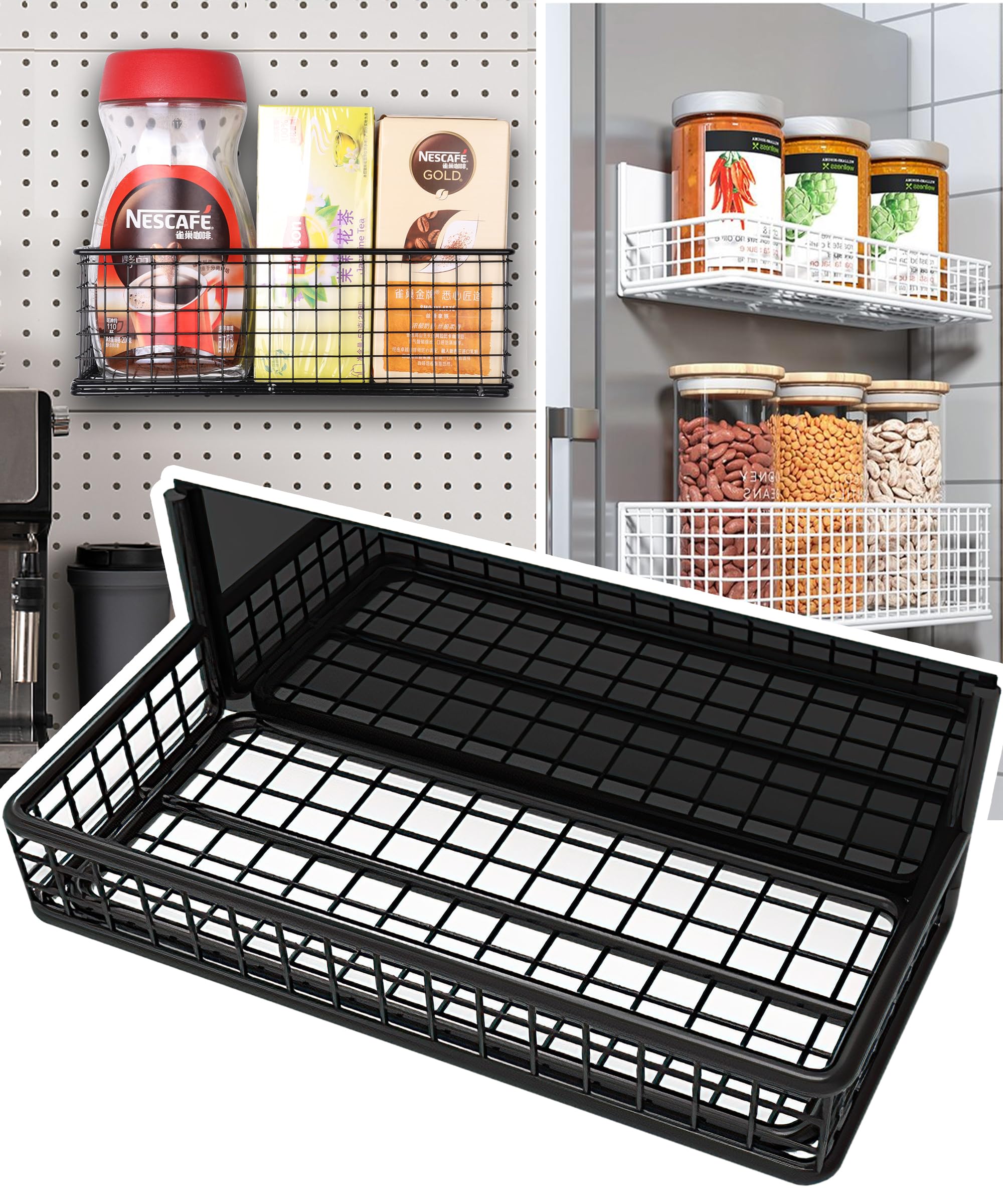 Lifefan Magnetic Basket Fridge Large Magnetic Pen Holder Whiteboard Metal Wire Basket Storage Item Organizer (Black-Low)