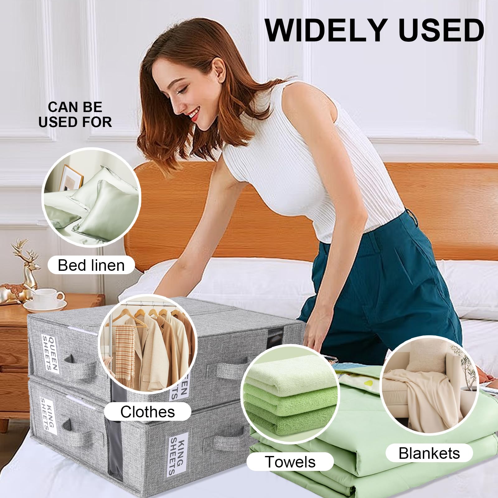 Bed Sheet Organizers and Storage Foldable Linen Sheet Organizer with Window and Label Organizing Bedding Container Queen King Si