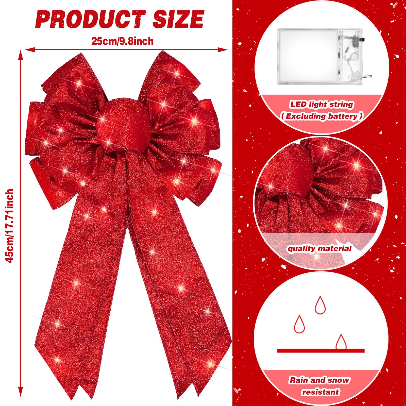 Giegxin 2 Pcs Large Red Lighted Christmas Bows with Lights for Wreath and Tree Topper, 18x F10 Inch Pre Lit Red Wreath Bow Light
