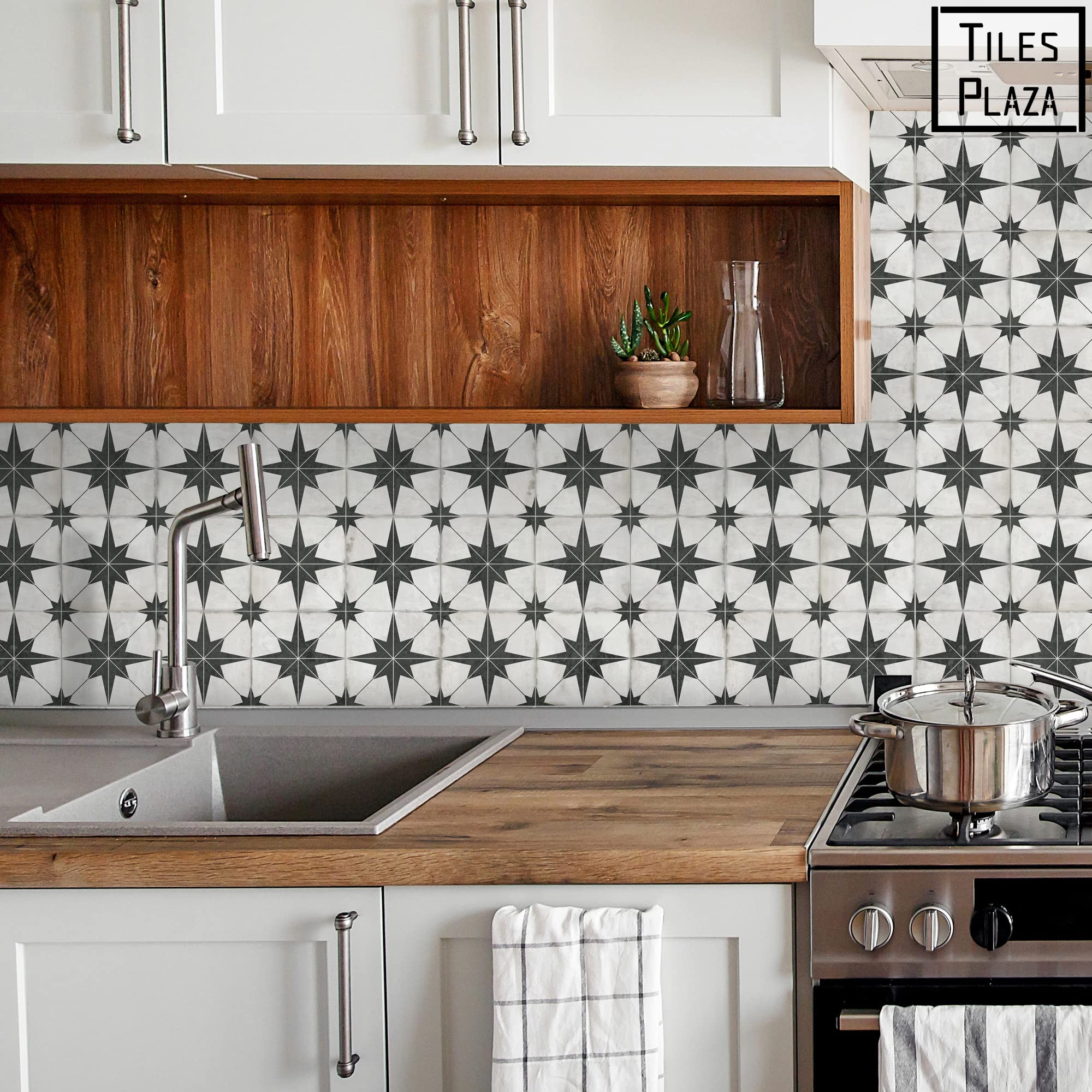 Peel And Stick Encaustic Backsplash Tile. Black Star Patterned Stick On Tile. Self-Adhesive Wall Tile Sticker For Kitchen Bathro