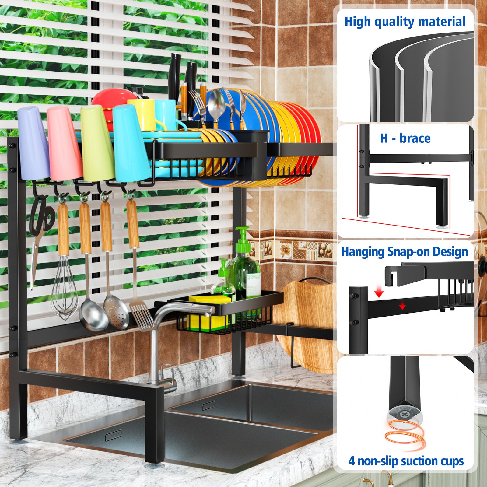 Snslxh 2-Tier Over The Sink Dish Drying Rack, Kitchen Large Dish Drying Rack Over The Sink, Suitable For Most Sinks, Effective D