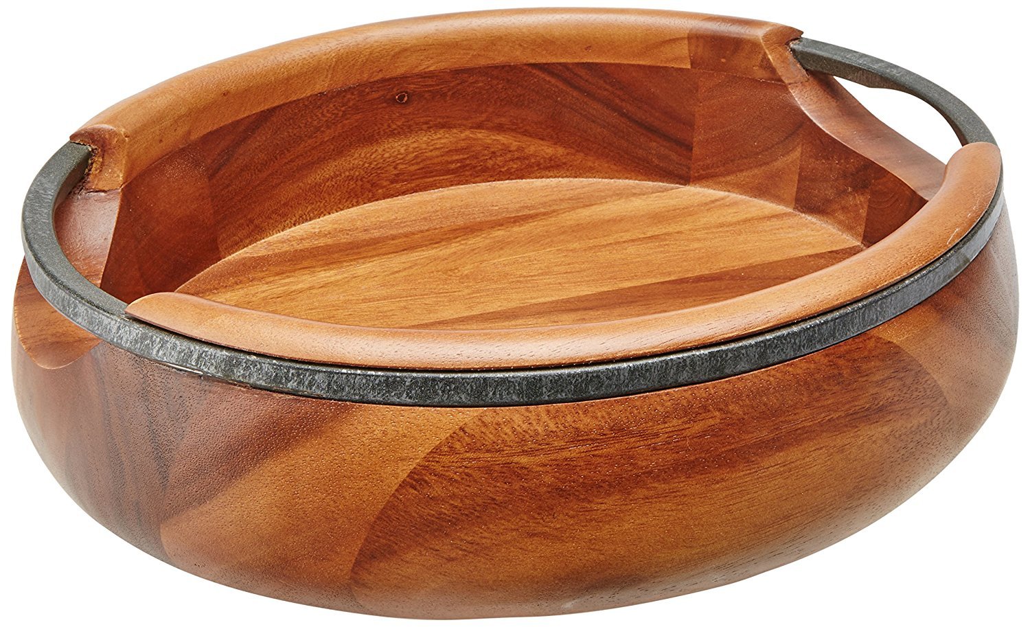 Nambe Anvil Salad Bowl With Servers | Large Wooden Serving Bowl For Fruit, Salads | Made Of Acacia Wood And Iron Finished Nambe