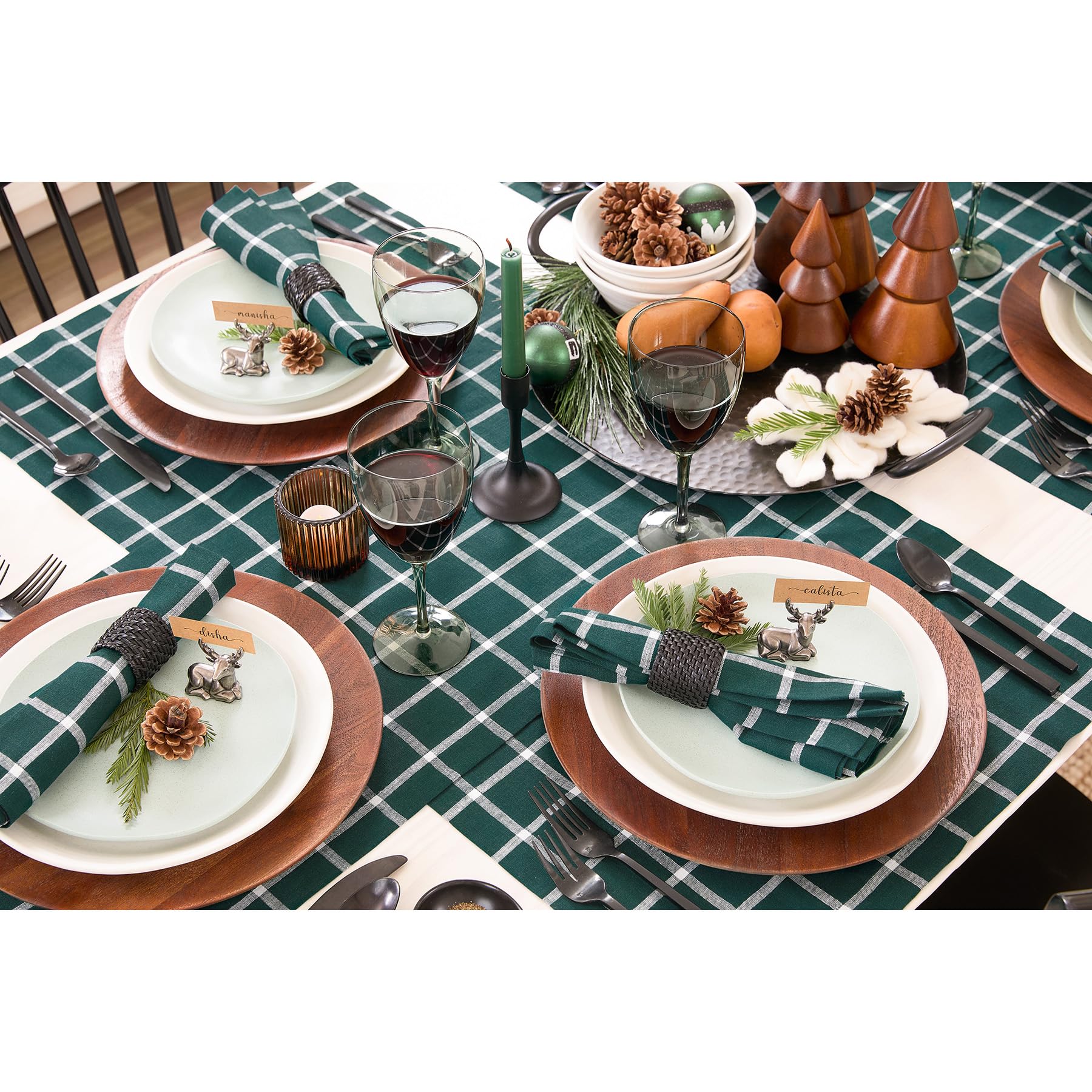 Solino Home Plaid Linen Placemats Set Of 4-100% Pure Linen Dark Green Check Placemats 19'' L X 14'' W Inch - Machine Washable Cl