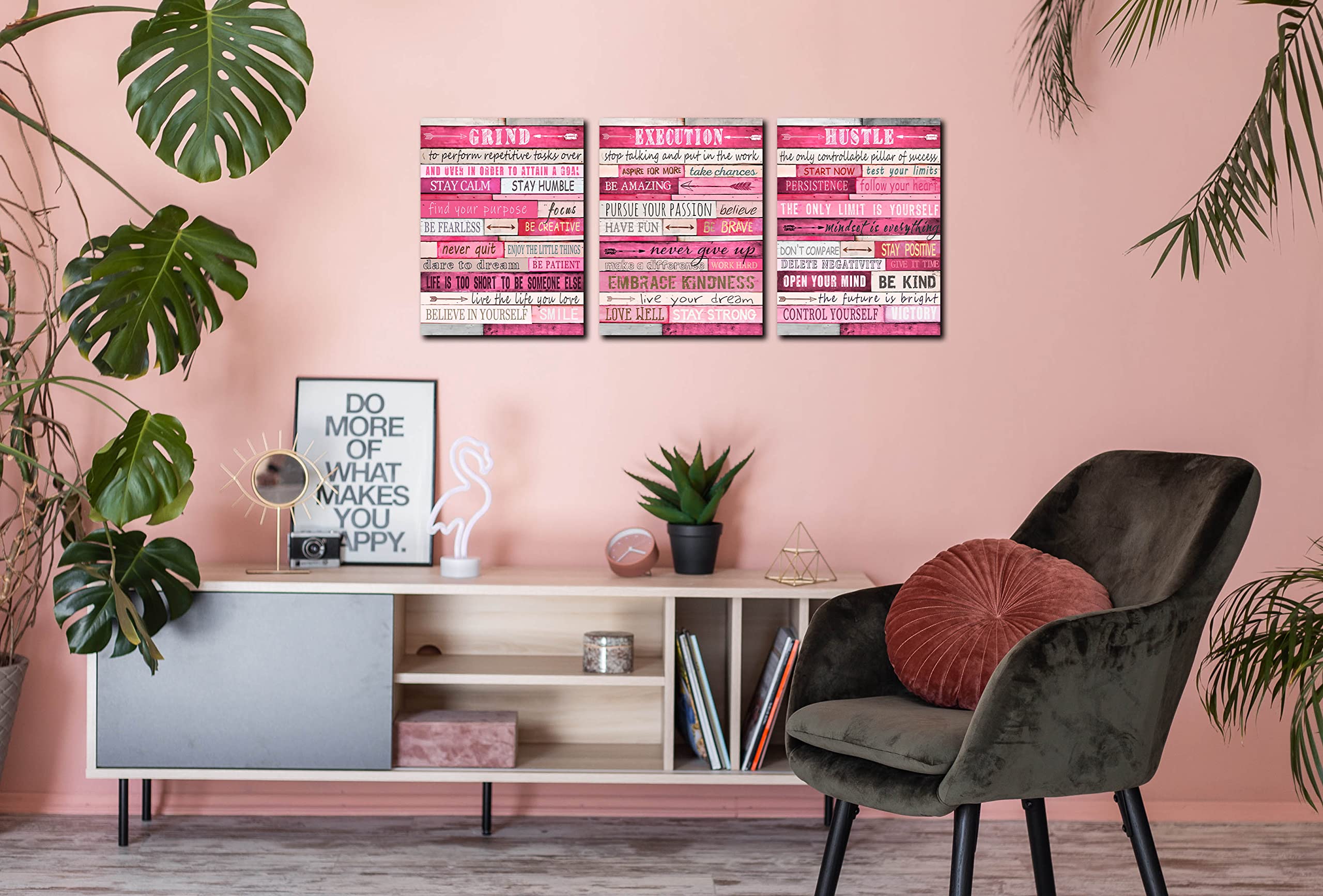 THRLVEART Pink Canvas Wall-Art - Room Decor For Teen Girls - Motivational Posters Ready To Hang Size 16'' x 12'' x 3 Pieces
