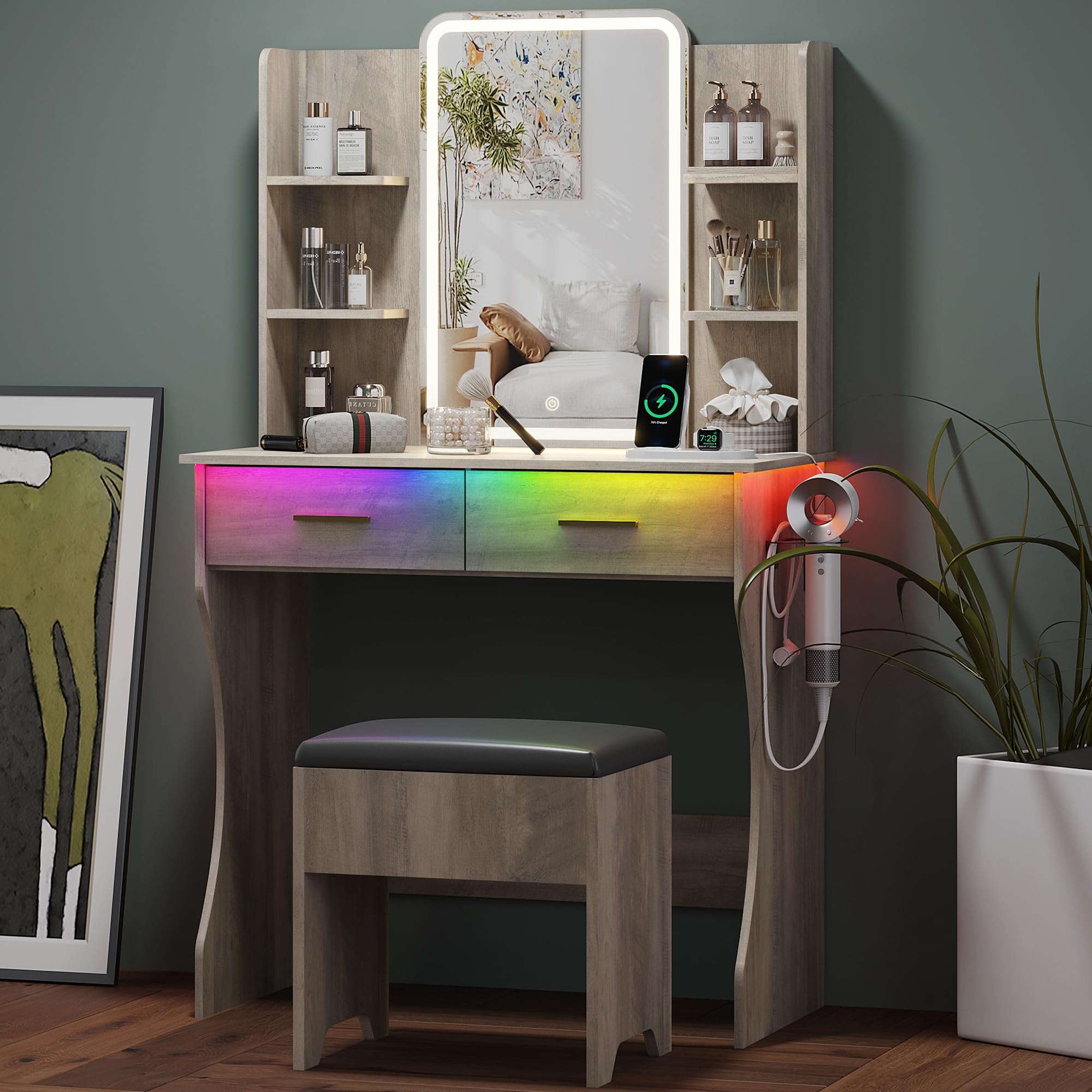 Small Vanity Desk with Mirror and Lights, Makeup Vanity with LED Lights, Grey Vanity Mirror with Lighted Desk and Chair, 3 Light