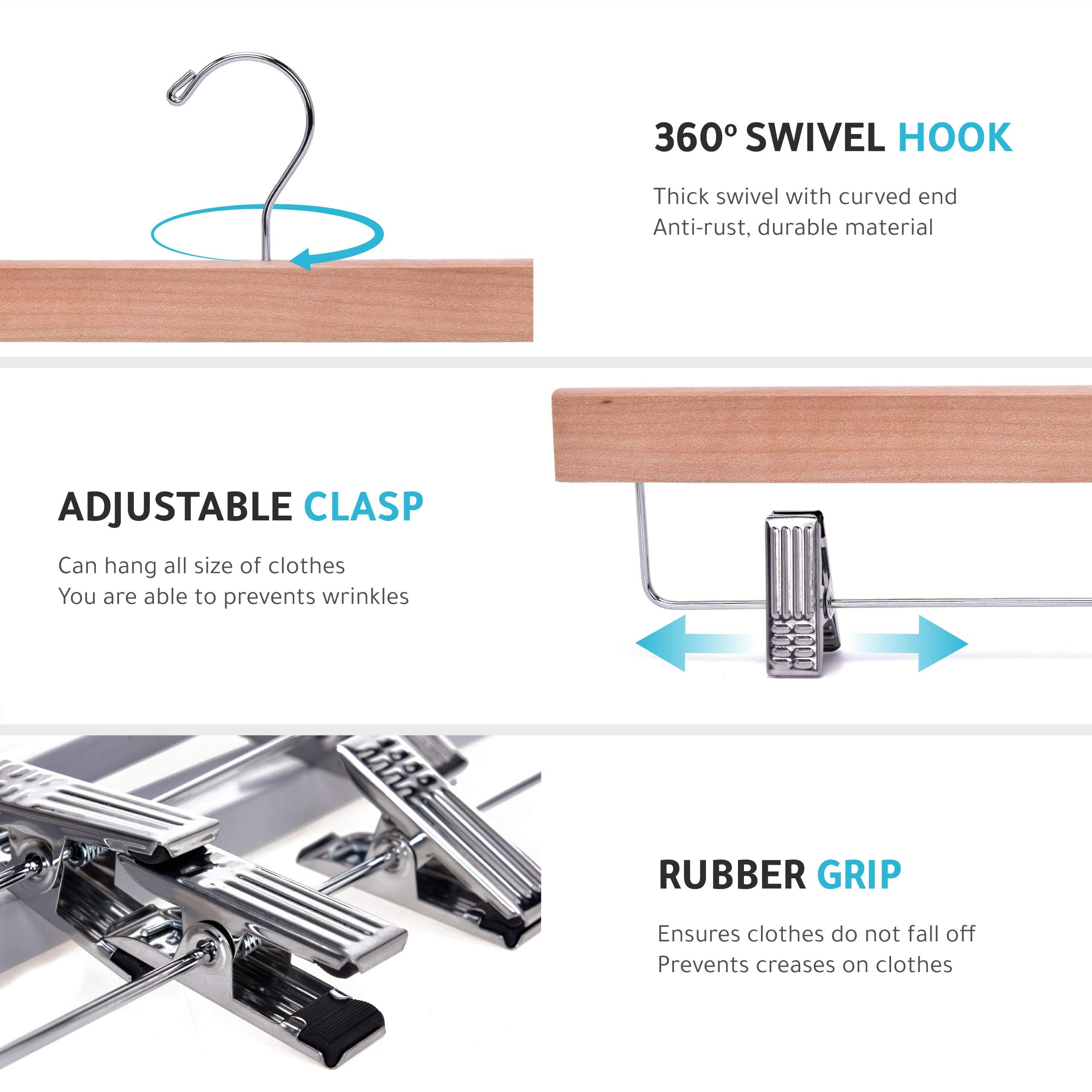 Quality Hangers Wooden Pants Hangers - 20-Pack Swivel Hook Cloth Hanger Set - Lotus Wood Skirt, Pant, Shorts And Slack Hangers W