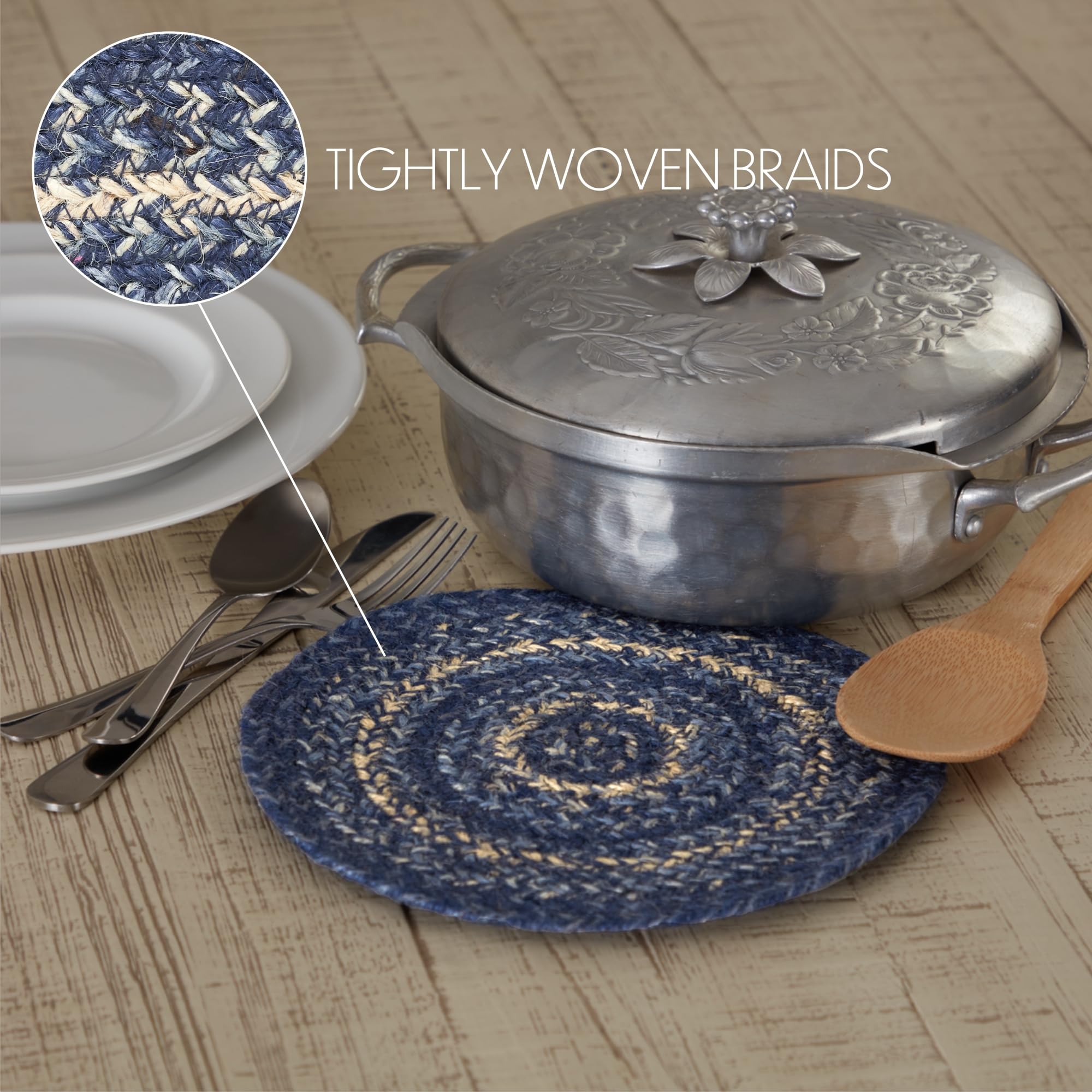 Vhc Brands Great Falls Blue Trivet Hot Pad For Pots Pans, Blue White, Jute Blend, Round Circle, 8 Inches