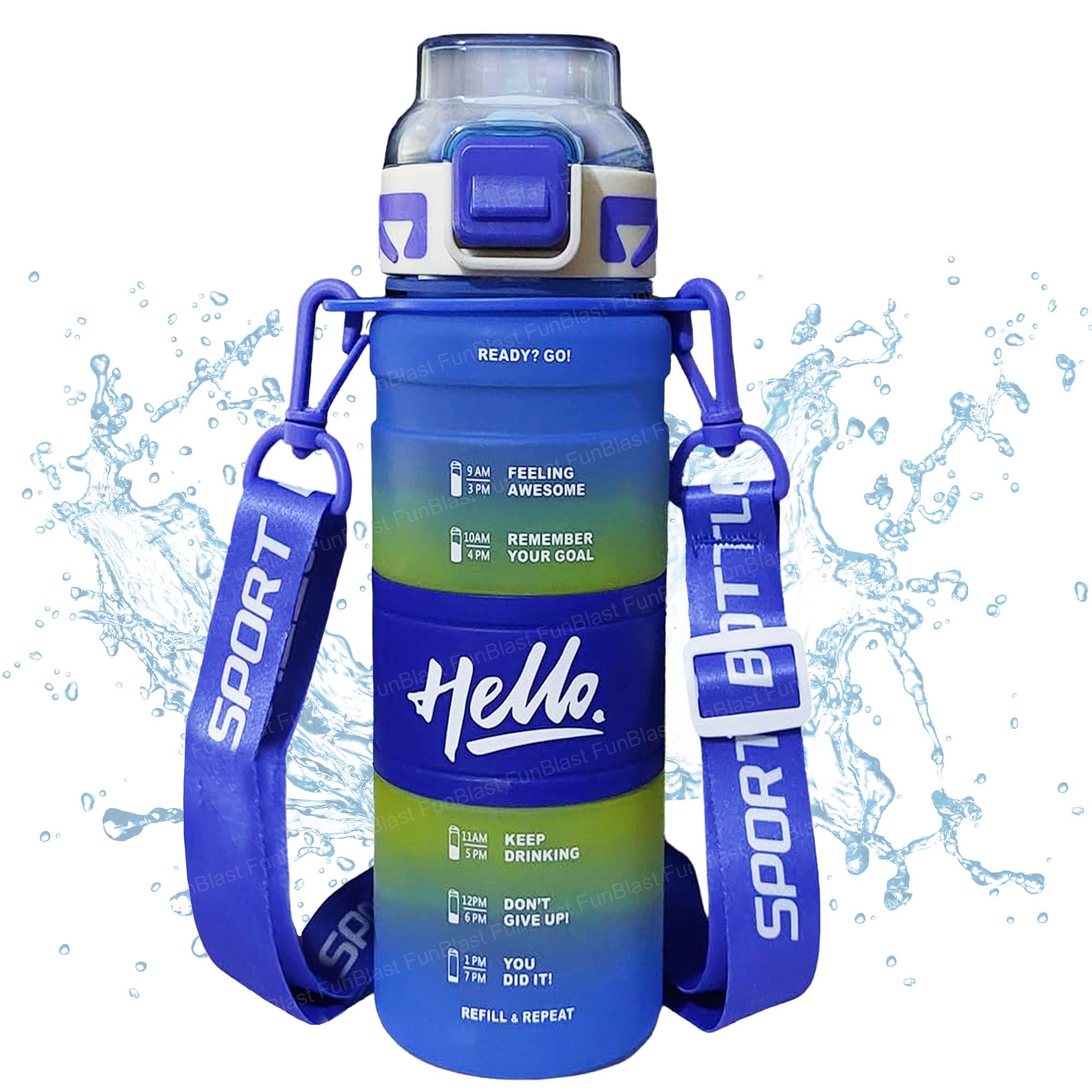 Funblast Polypropylene 1 Litre Water Bottle - Sports Water Bottles With Time Marker, Gym Outdoor Sipper Bottle With Handle & Adj