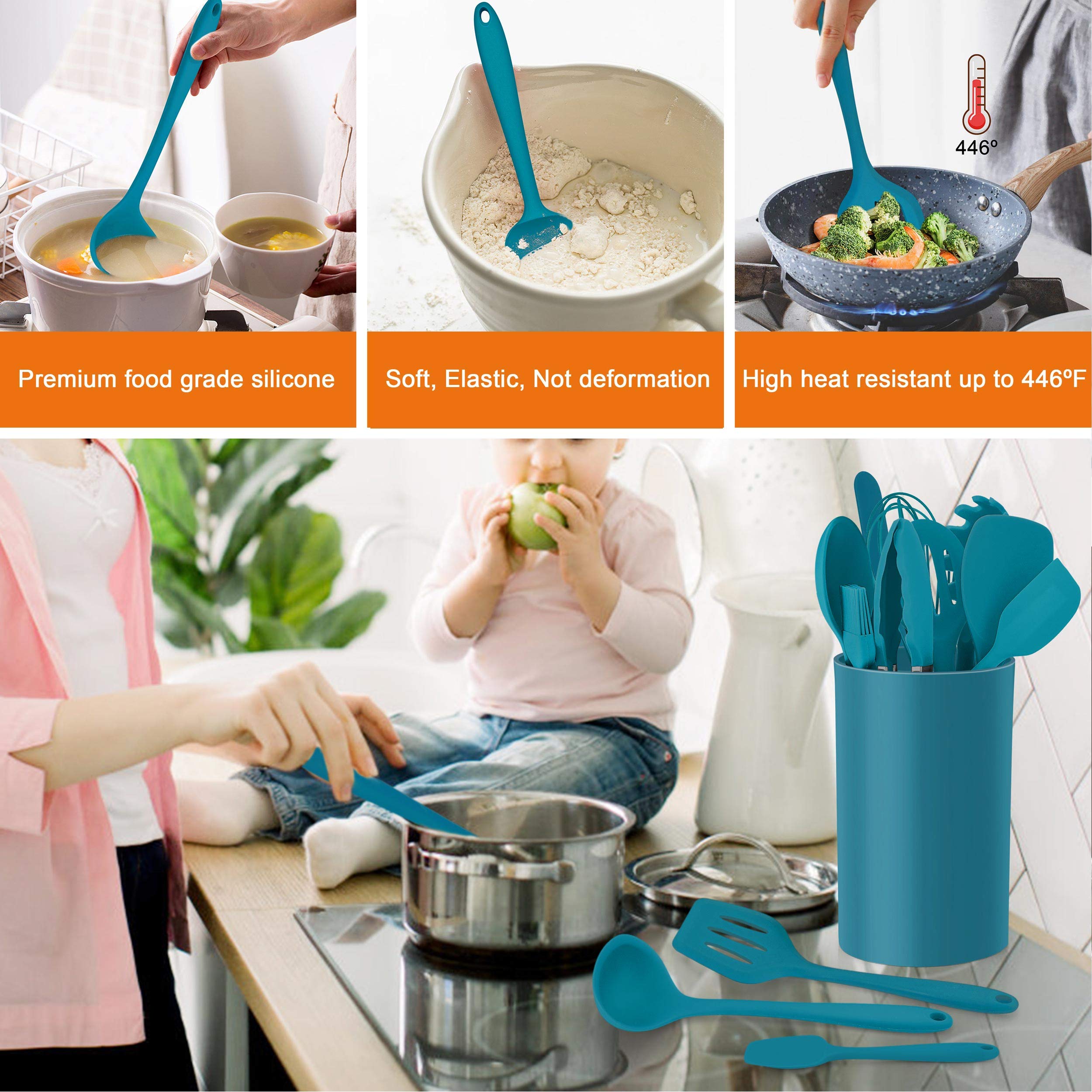 LIANYU 14 Pcs Cooking Utensils Set with Holder  Heat Resistant Silicone Kitchen Cookware Utensils Set  Kitchen Cooking Tools Includes Spatula Spoon Turner Whisk Tong  Dishwasher safe  Dark Blue