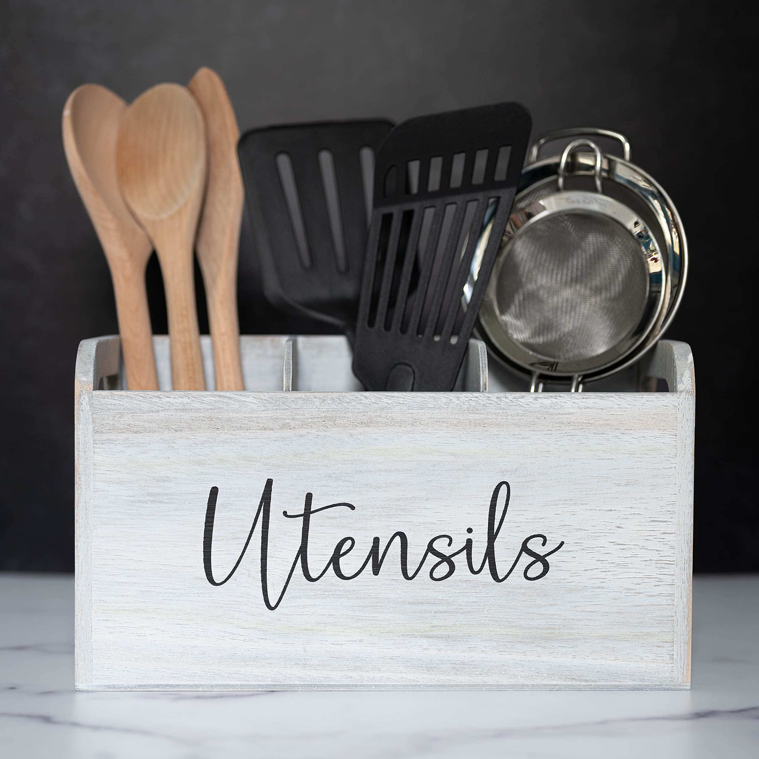 Elevated Haven White Kitchen Utensil Holder |3 Compartments 12In X 5In X 7In | Wooden Utensil Holder | Utensil Holder For Counte