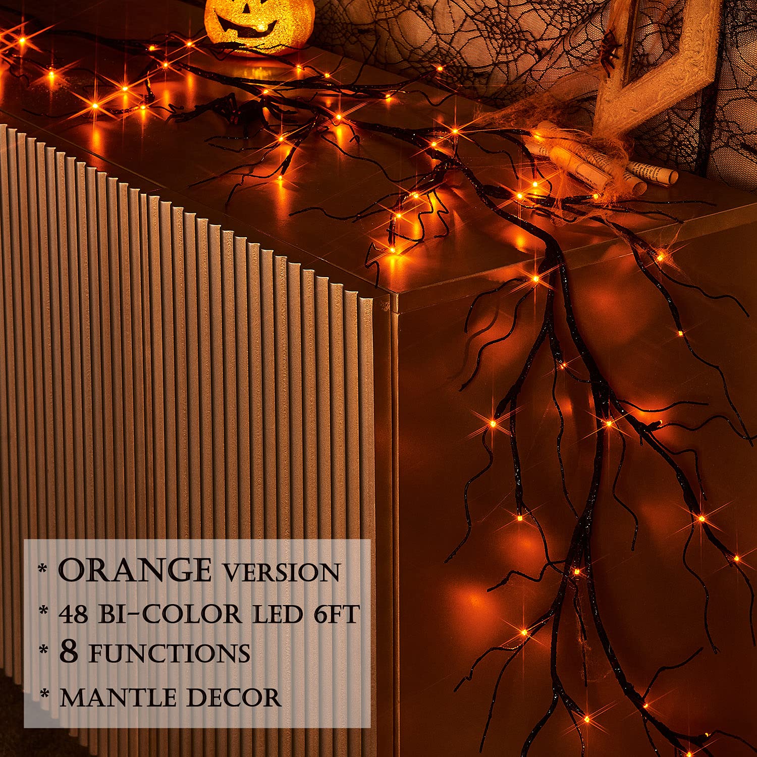 LITBLOOM Lighted Black Glittered Garland with 48 Orange and Purple Bi-Color Lights, Halloween Garland with Lights 8 Functions 6F