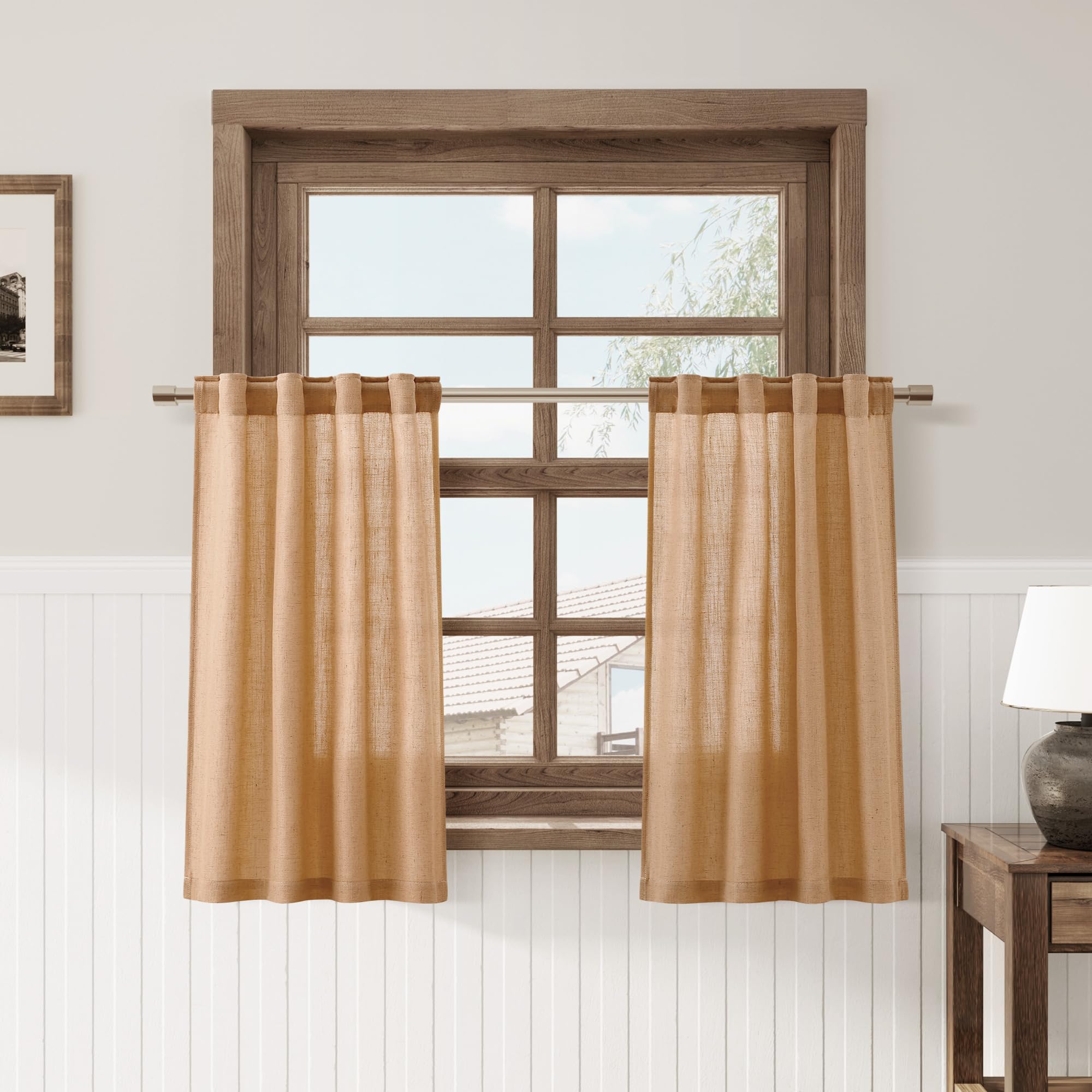 Camel Linen Cafe Farmhouse Kitchen Curtains 36 Inch Length Linen Privacy Light Filtering Pleated Short Curtains with Rod Pocket 