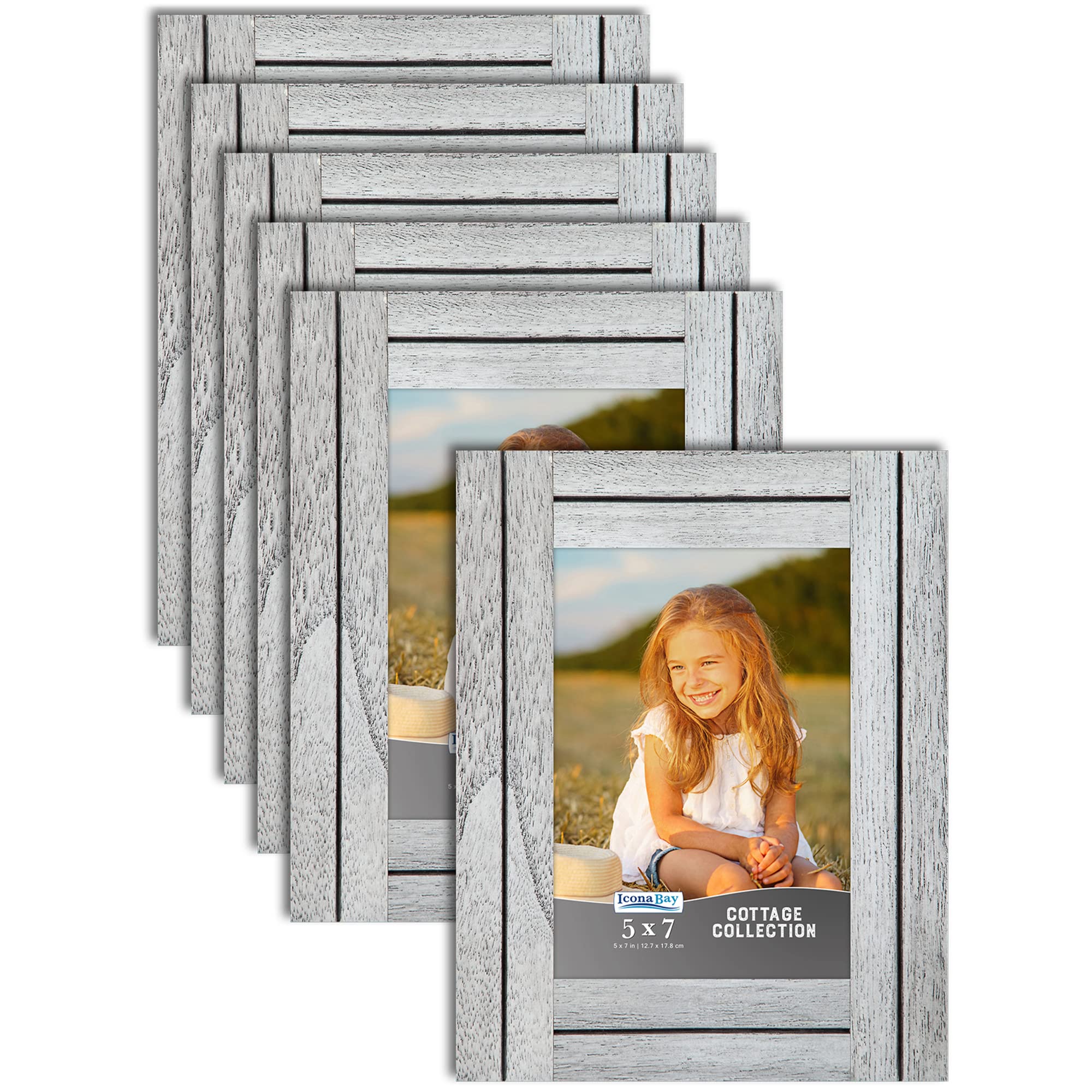 Icona Bay 5x7 (13x18 cm) Picture Frames (Farmhouse White, 6 Pack), Rustic Picture Frame Set, Natural Real Wood Frames, Cottage C