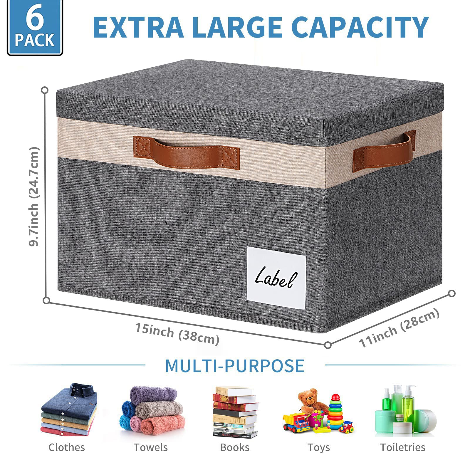 Ghvyennttes Large Storage Bins With Lids (6-Pack) Large Closet Storage Bin With Lid And 3 Pu Handles, Foldable Fabric Storage Bo