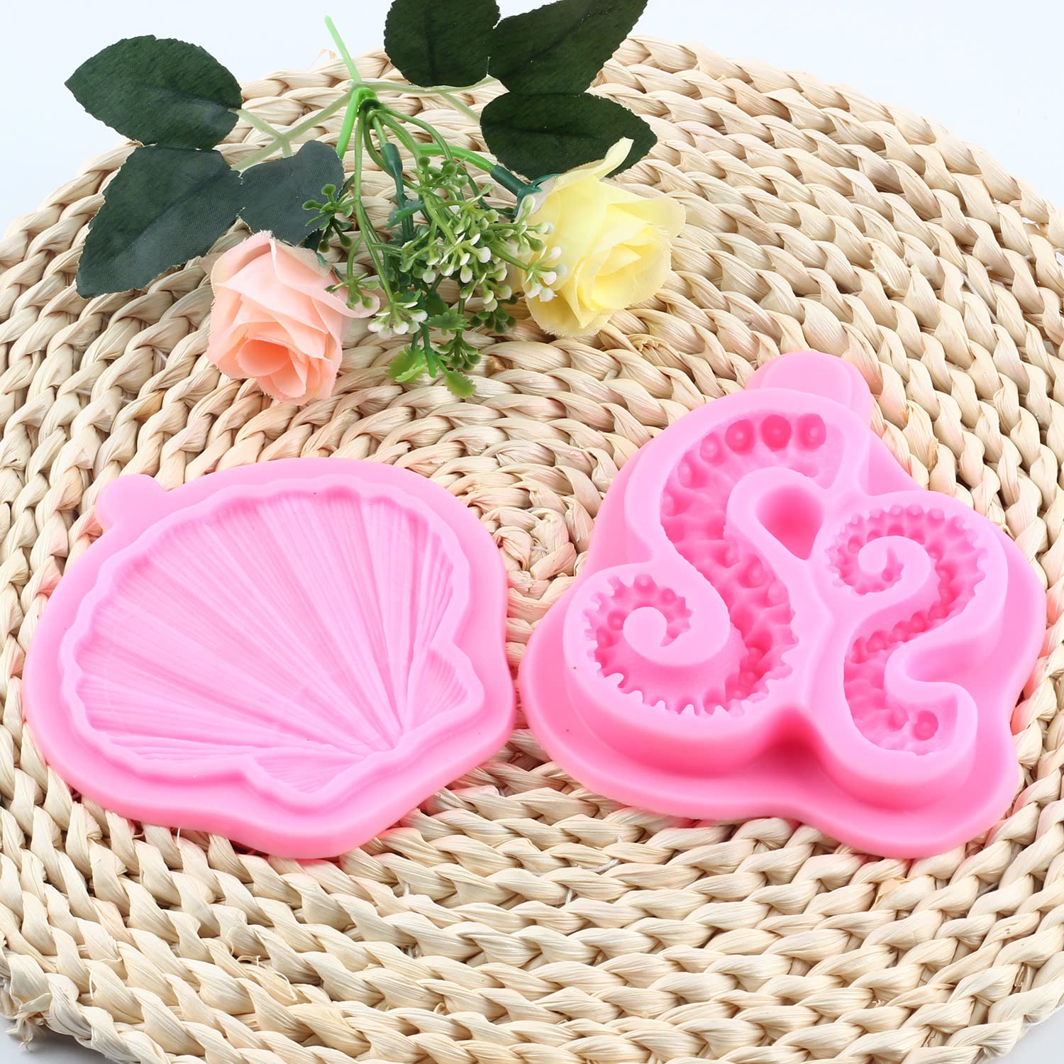 Mujiang 3D Tentacles Octopus Silicone Mold Clam Shell Fondant Molds For Cake Decorating Chocolate Candy Clay Set Of 2