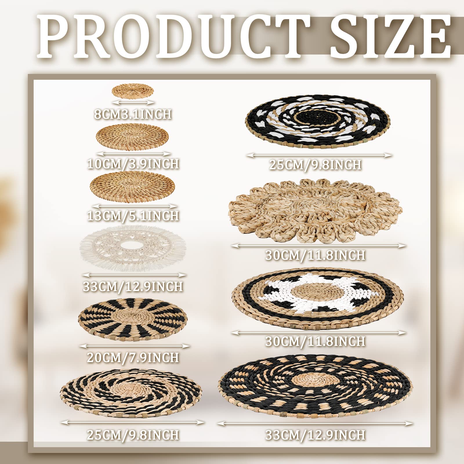 Tatuo 11 Pcs Boho Wall Basket Decor Decorative Bulrush Woven Basket Wall Decor Boho Wall Art Round Farmhouse Wall Hanging Basket