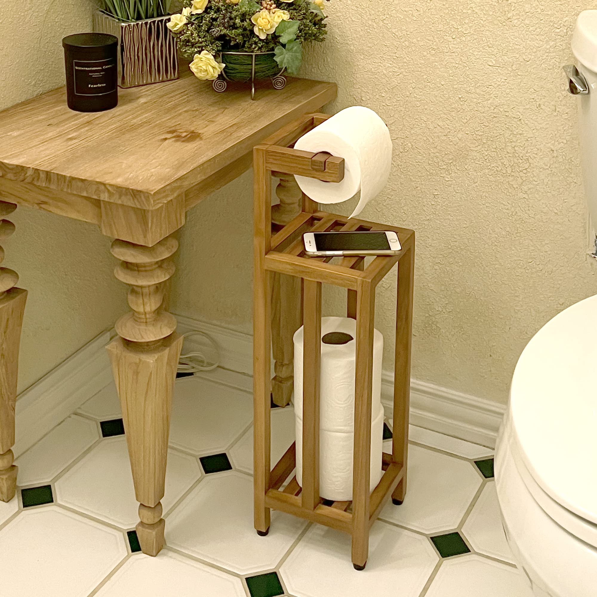 Solid Teak Toilet Paper Holder Stand With Shelf, Freestanding Bathroom Toilet Paper Roll Holder With Reserve, Standing Toilet Pa