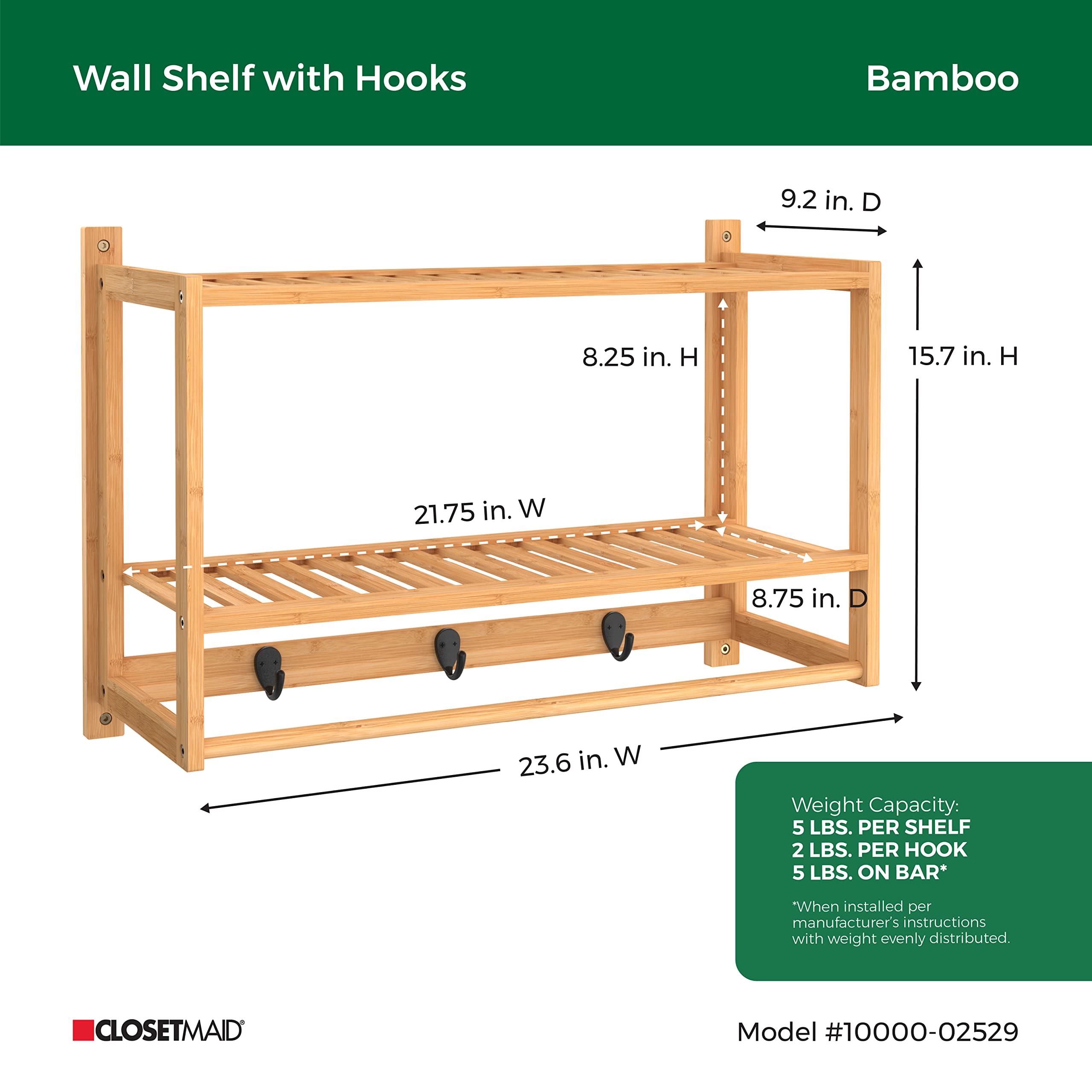 Closetmaid Bamboo Wall Shelf With Towel Bar, 3 Hooks, Wall Mount Storage Shelves, 2 Tier, Organizer Rack, Natural Finish