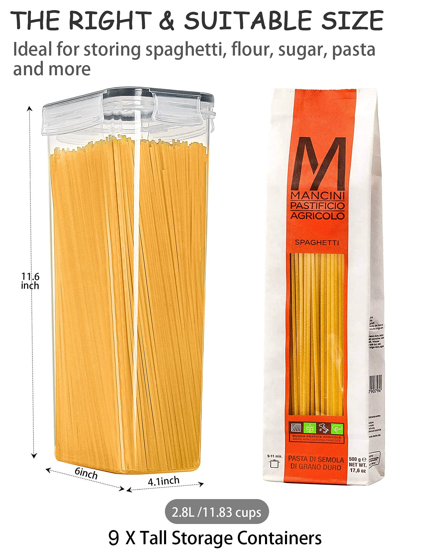 Wildone Airtight Food Storage Containers Set Of 9 Bpa Free Cereal & Dry Food Storage Containers 2.8L / 11.83 Cups For Sugar, Flo