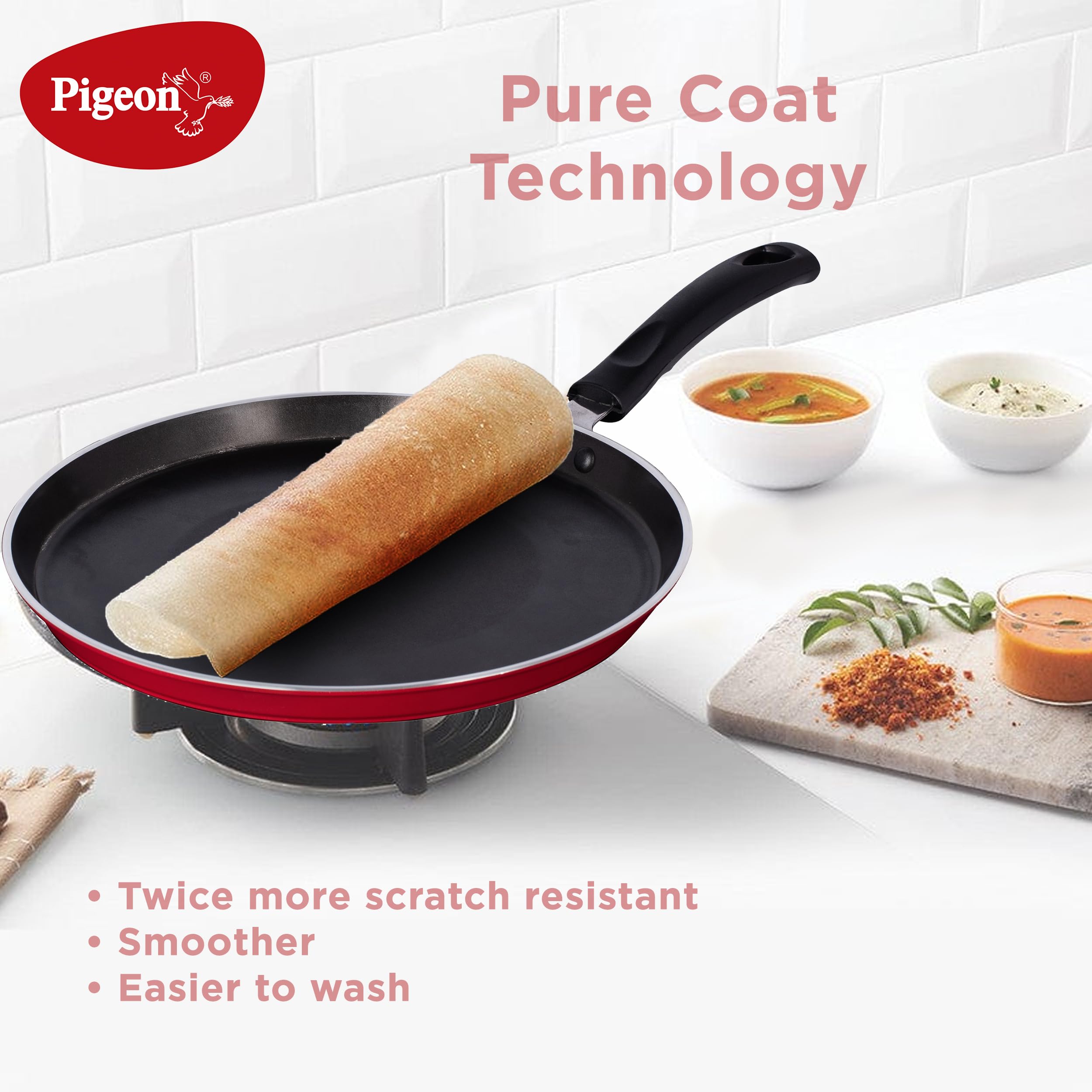 Pigeon by Stovekraft Basics Aluminium Non Stick, Non Induction Base Tawa, 28 Cm, Red