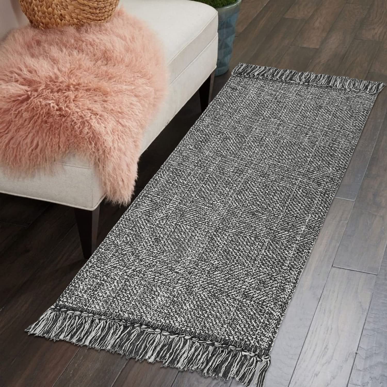 Collive Kitchen Runner Rug, 2 X 43 Hand-Woven Reversible Washable Rug, Grey Cotton Modern Farmhouse Bathroom Rug Hallway Carpet