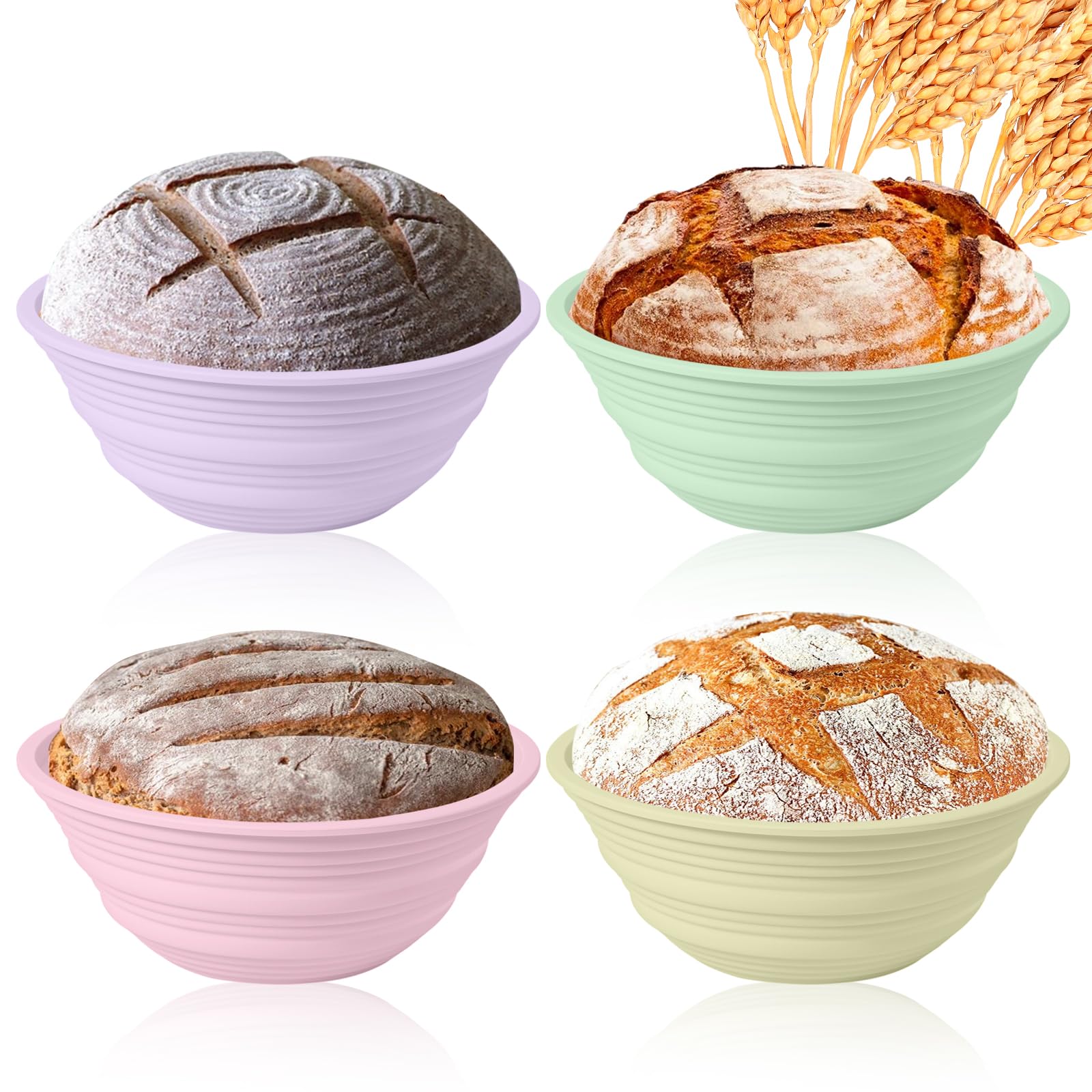 Ycgcp 4Pcs Silicone Banneton Bread Proofing Baskets, 9 Collapsible Sourdough Bread Baking Supplies Non-Stick Round Dough Proofin