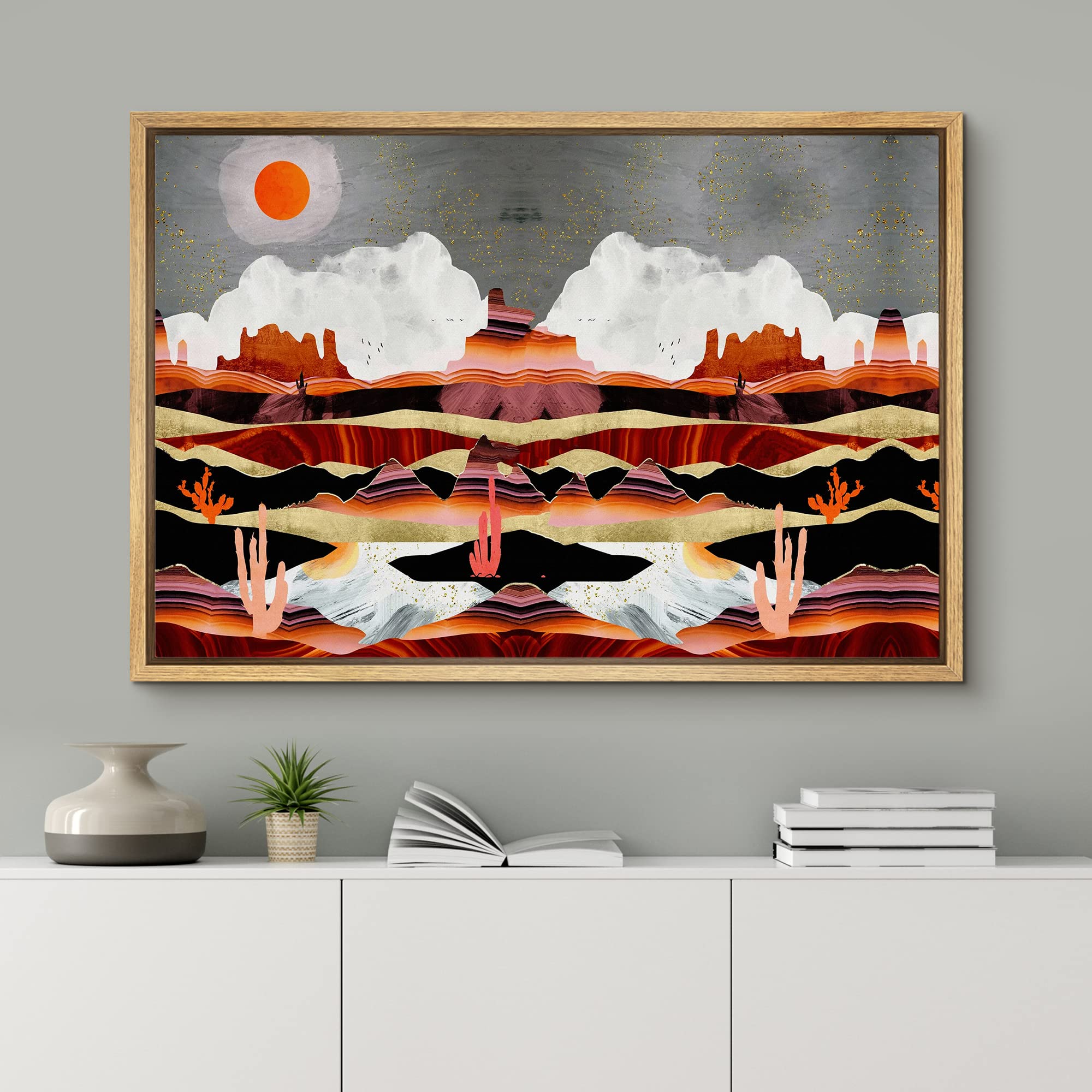Signford Framed Canvas Print Wall Art Red Marble Effect Desert Canyon Abstract Wilderness Illustrations Modern Art Rustic Scenic