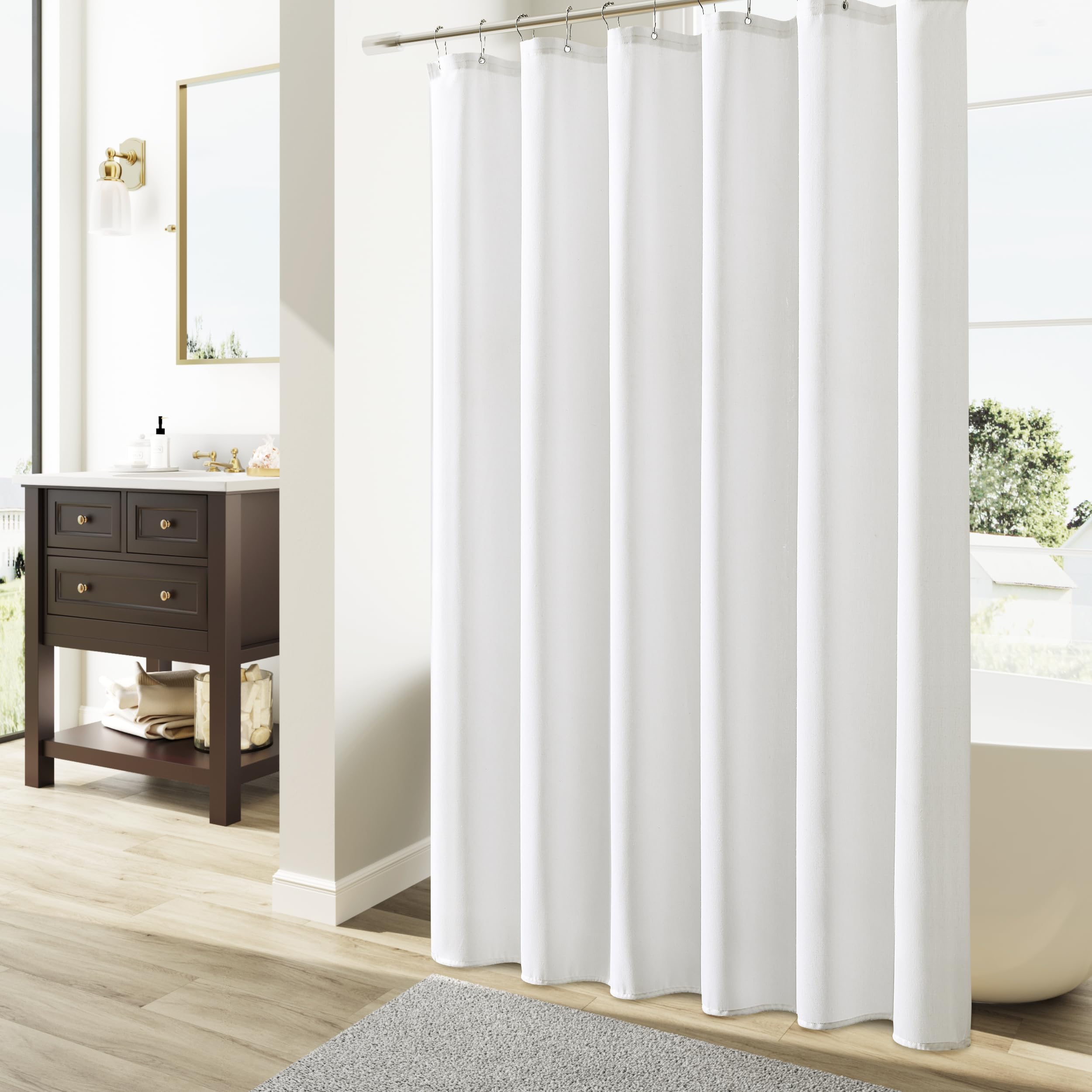 Naturoom White Linen Shower Curtain, Cloth Textured Fabric Shower Curtain Set With Hooks, Simple Elegant Modern Farmhouse Countr