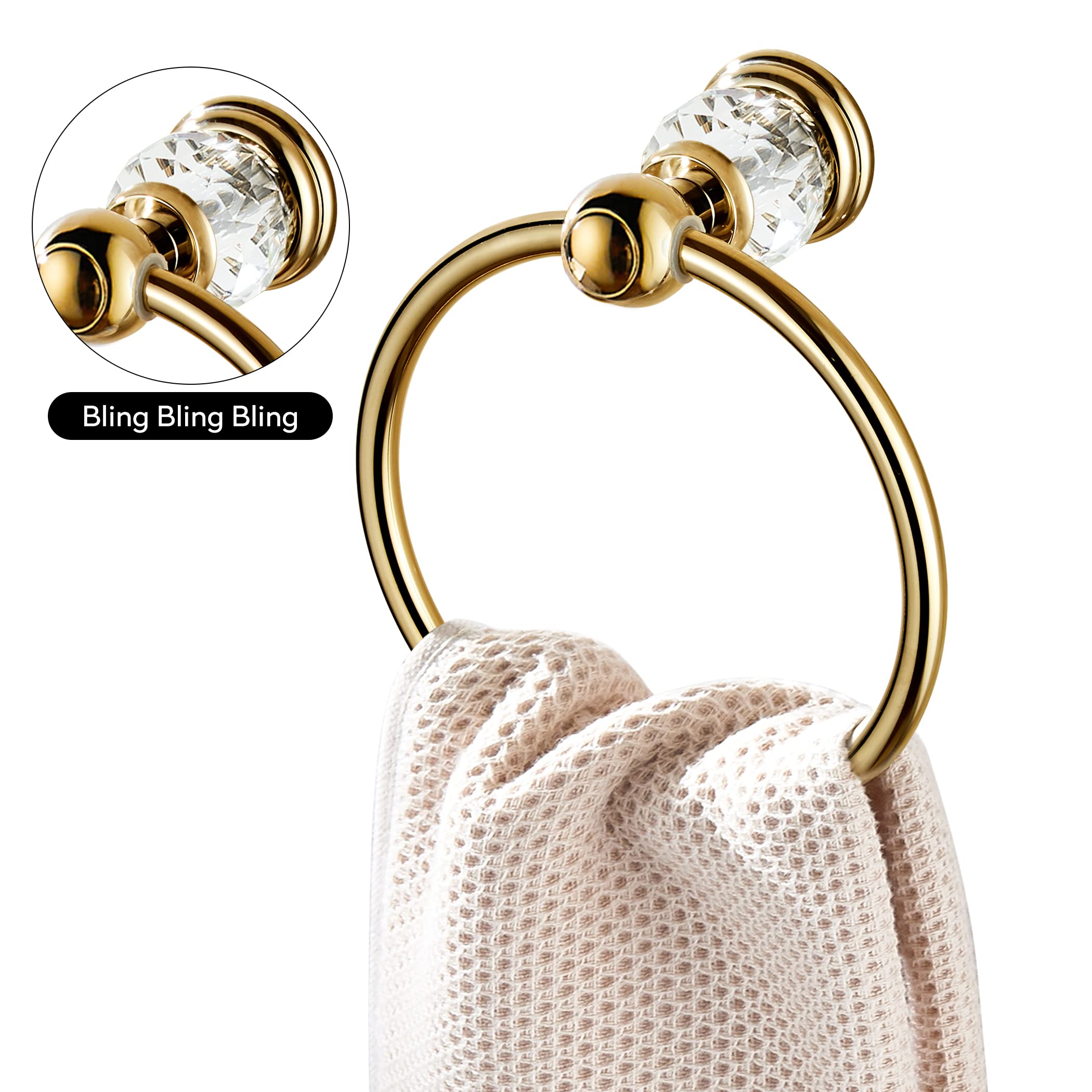 WINCASE Crystal Towel Ring  Gold Towel Holders for Bathrooms  Round Hand Towel Rack Wall Mounted Decorative