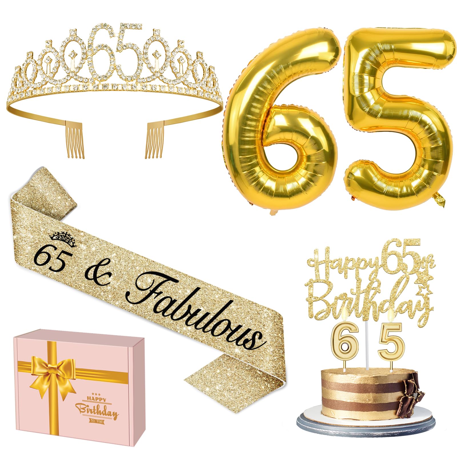 65Th Birthday Decorations For Women Including Gold 65Th Birthday Tiara And Sash, Gold 65Th Birthday Candles And Cake Topper, Gol