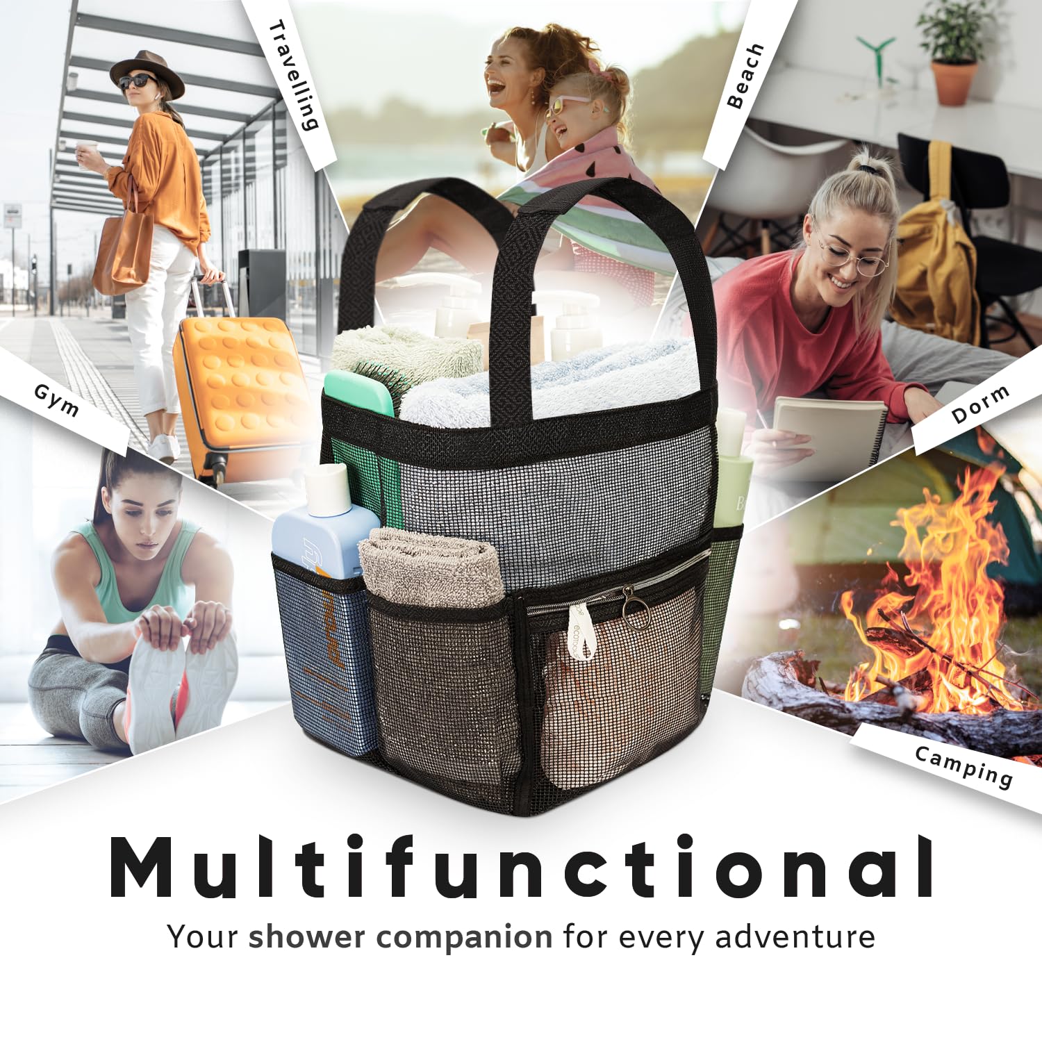 Mesh Shower Caddy Dorm 8 Pockets & 1 Zipper & Removable Bottom Shower Tote  Travel Shower Caddy Portable  Shower Caddy College Room Essentials  Sunscreen Shower Bag  Camping  Bathroom (Large - Black)