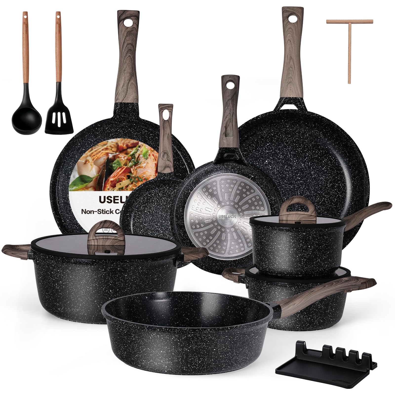 Ceramic Cookware Set 22 Piece Nonstick Pots and Pans Set Non Stick Kitchen Cooking Sets 8Frying Pans with Lid,Black Granite Non-