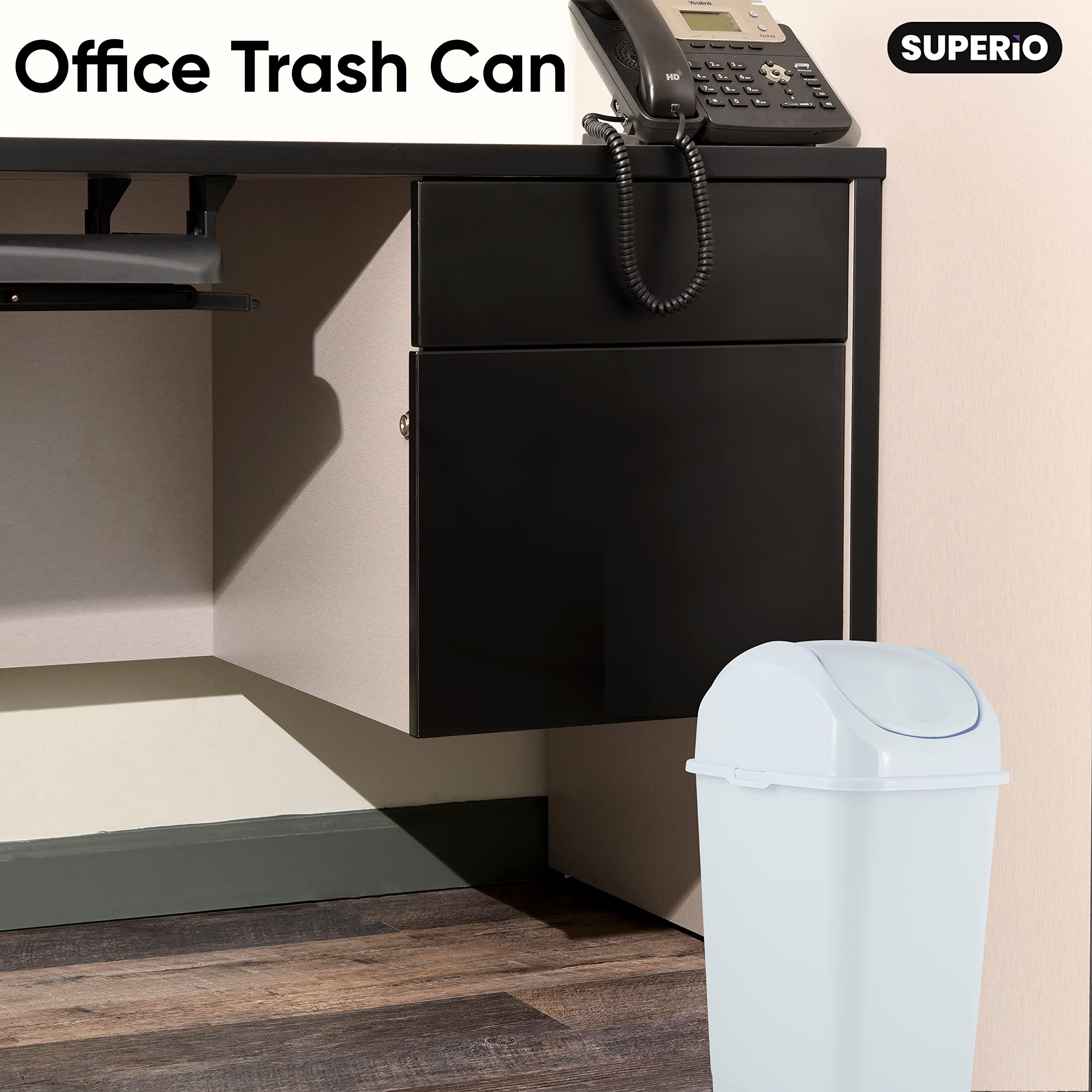 Superio Small 2.5 Gallon Plastic Trash Can with Swing Top Lid  Compact Slim Waste Bin for Under Desk  Office  Bedroom  Bathroom  Dorm Room  10 Qt. Portable Garbage Can (White)