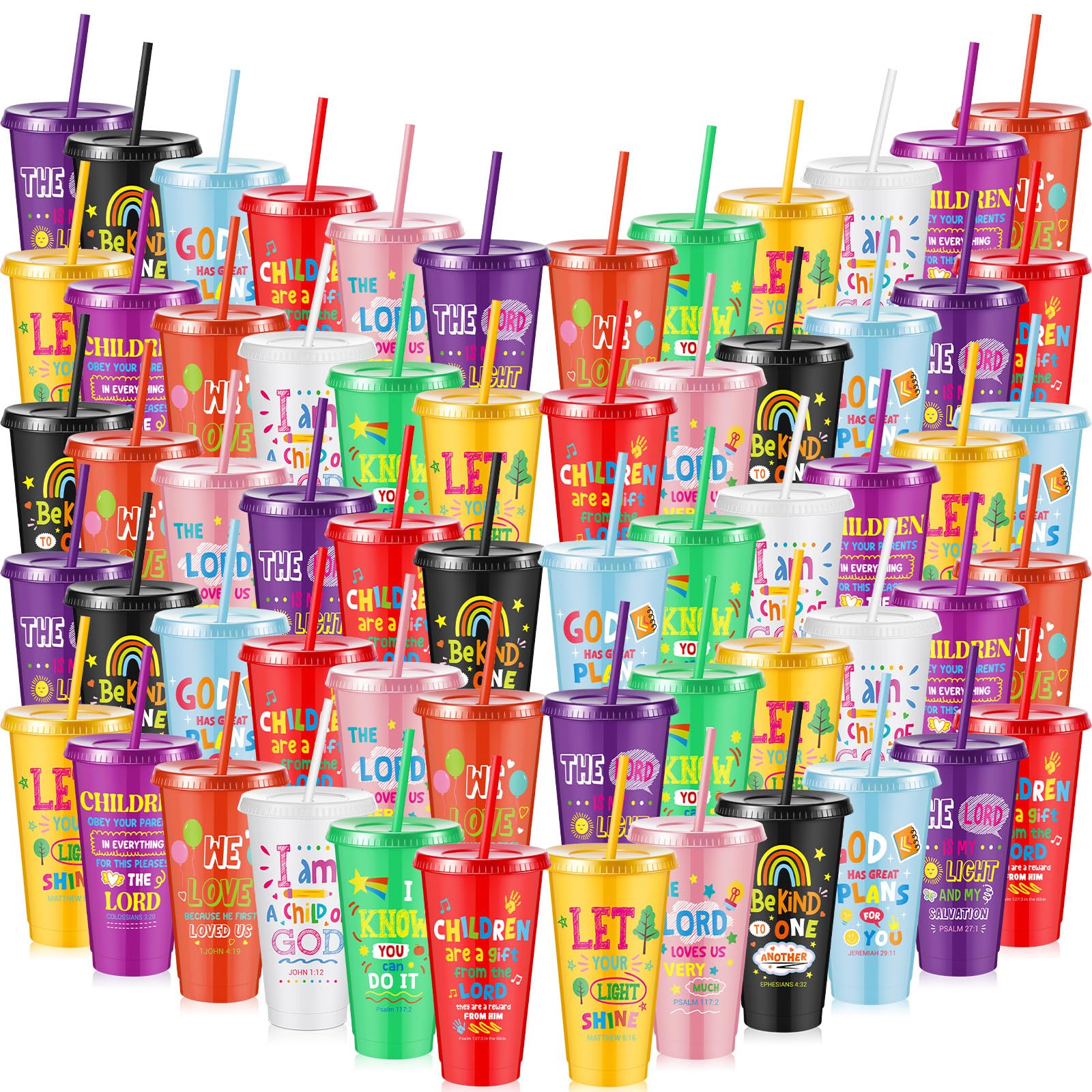 Uiifan 100 Pcs Christian Cups for Kids Bulk, Reusable Plastic Tumblers with Lids and Straws, Bible Verse Cups for Sunday School,