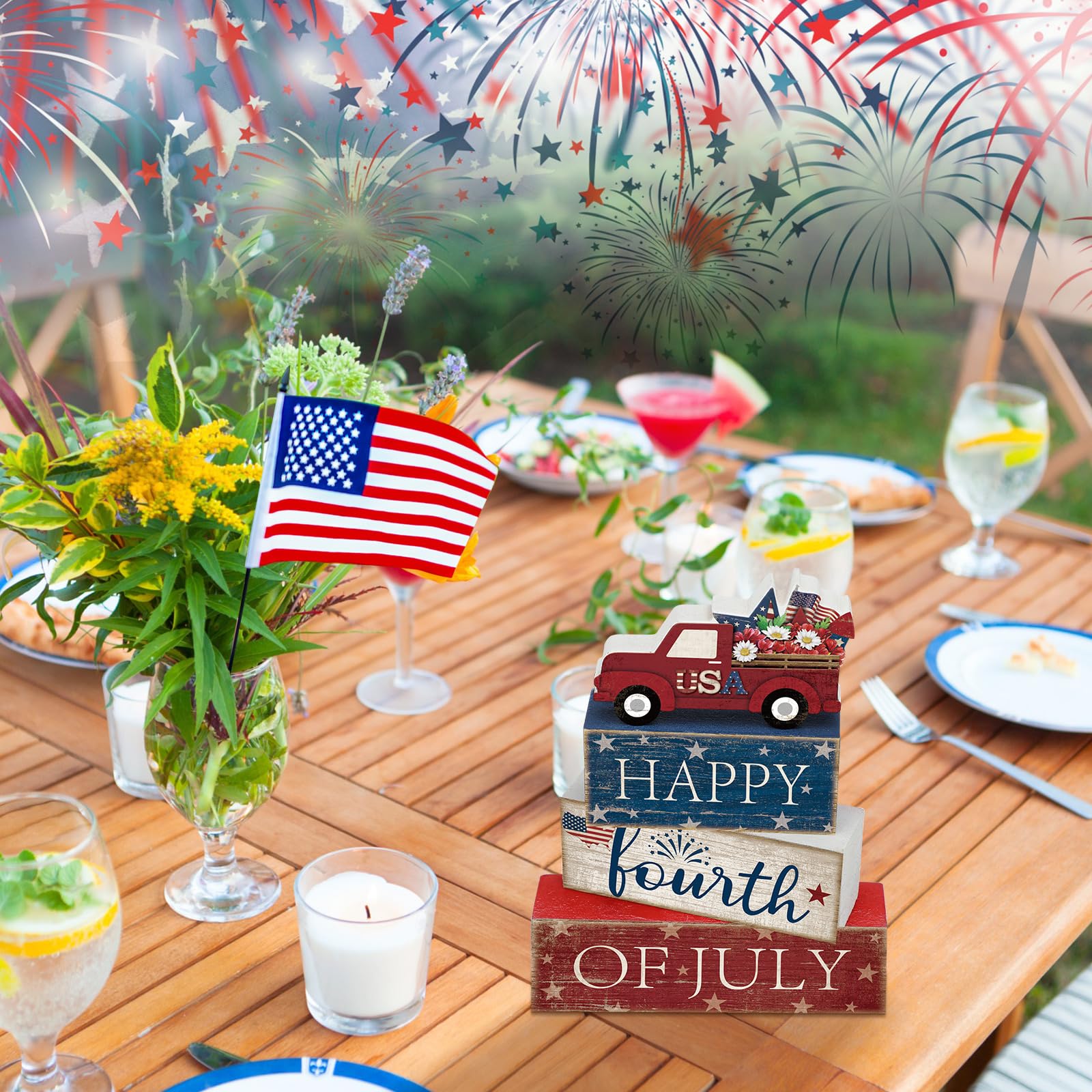 CroBlissful 4 Pcs Veterans Day Decorations Patriotic Memorial Day Tabletop Decorations Red White Blue Table Centerpieces Wood Bl