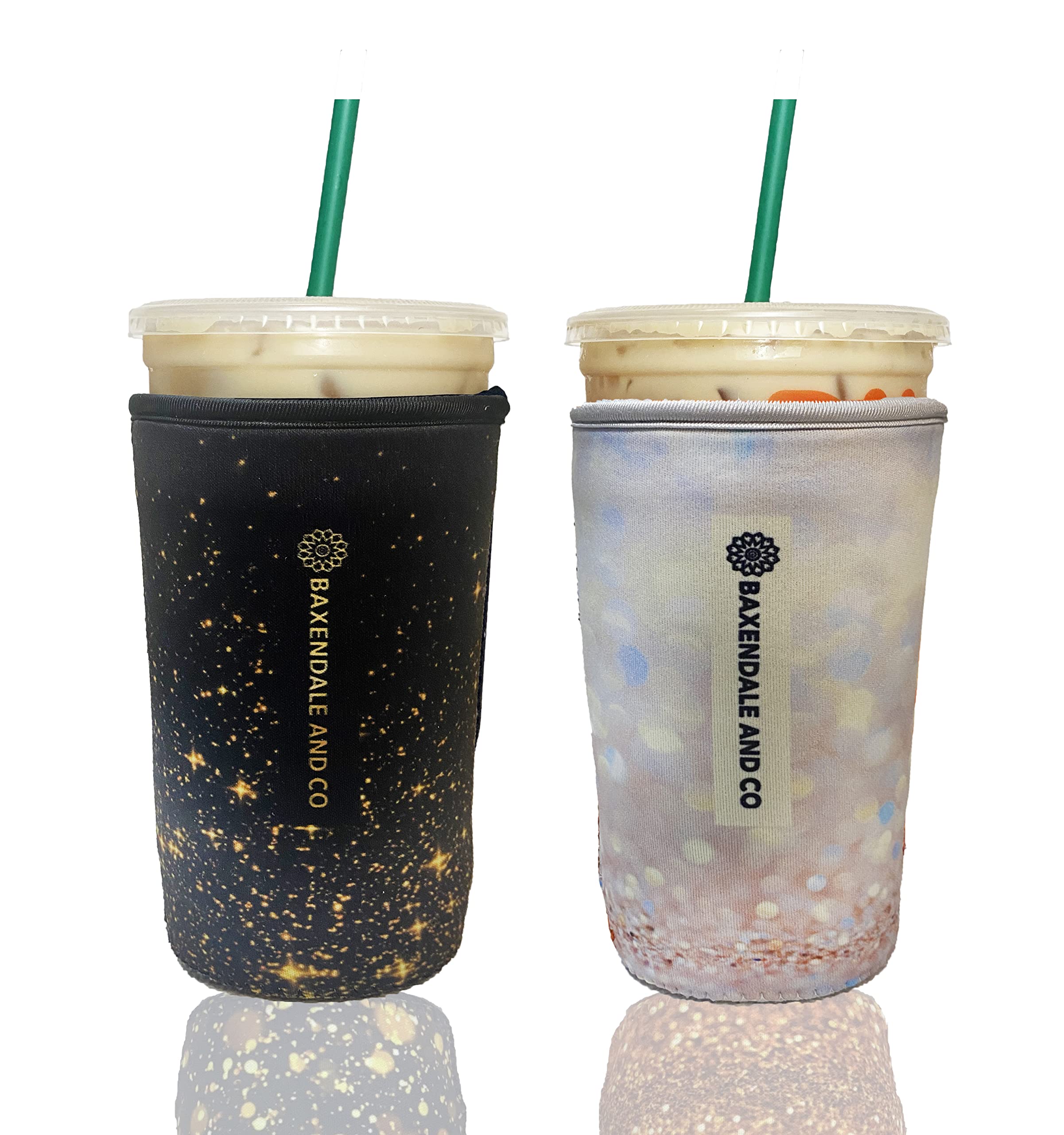 Baxendale And Co Reusable Neoprene Insulator Sleeves For Iced Coffee And Cold Drink Cups (2 Pk Medium 22-24Oz, Gold/Black Glitte