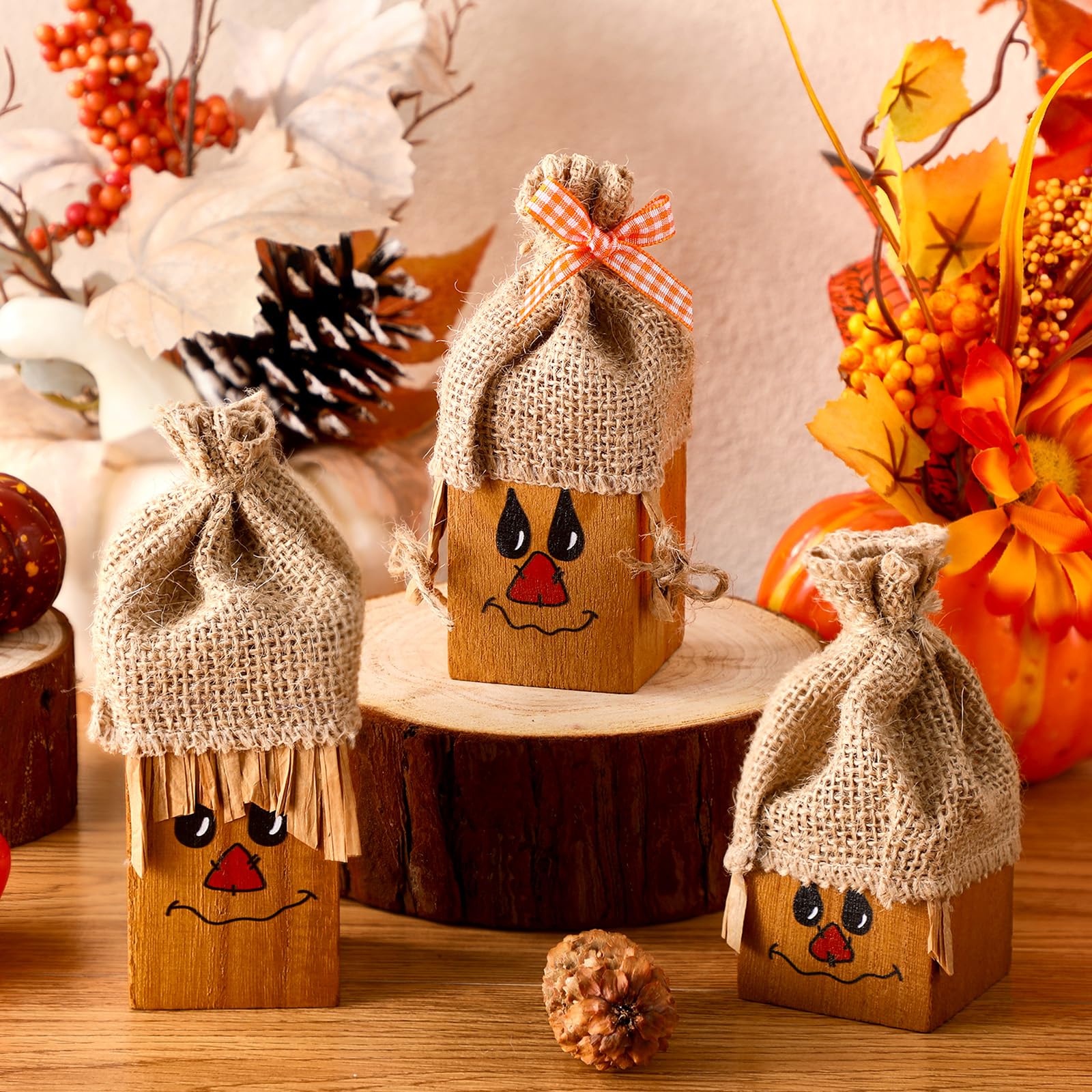 Colingmill 3 Pcs Thanksgiving Scarecrow Decorations Rustic Farmhouse Scarecrow Faces Wood Table Crafts Decor for Thanksgiving Ha