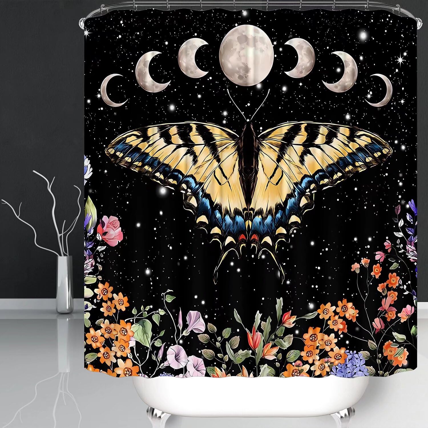 Pretyw 4 Pcs Black Butterfly Moon Shower Curtain Set Vintage Aesthetic Gothic Bathroom Set With Floral Plants Bathroom Set With