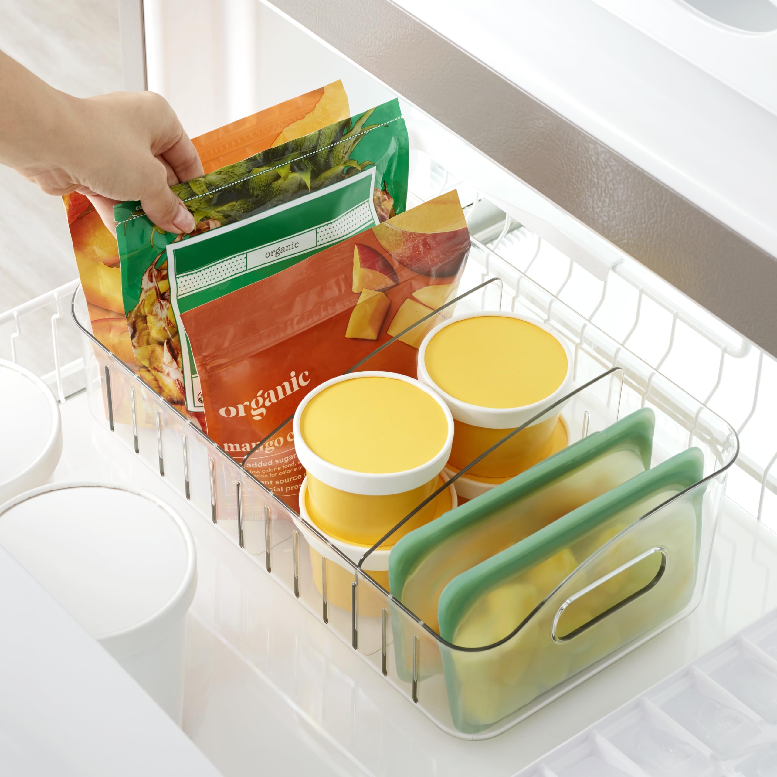 Youcopia Freezeup Freezer Bin 15'', Bpa-Free Clear Fridge Organizer With Adjustable Dividers And Handles For Frozen Food And Lef