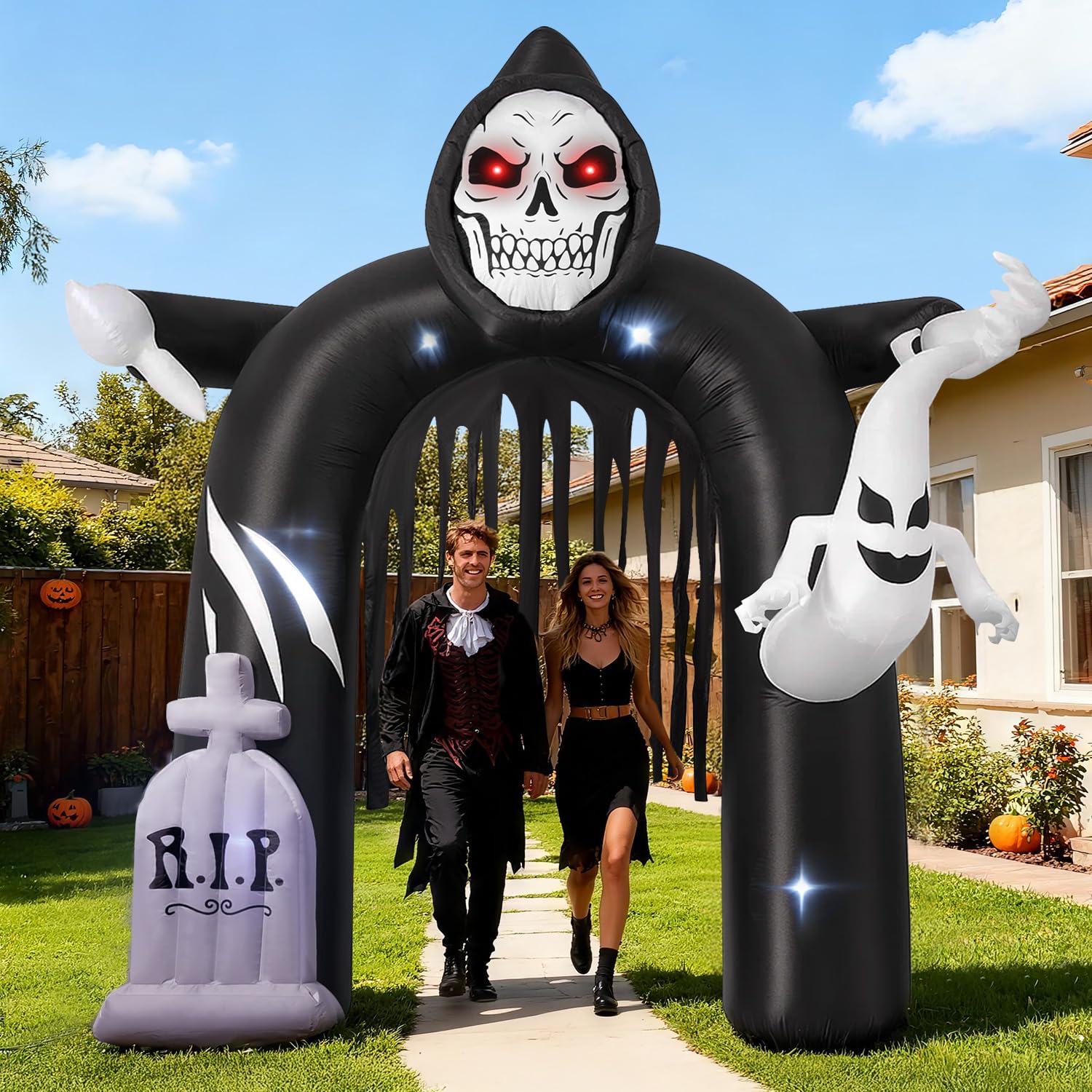 GVDV 10FT Halloween Inflatables Outdoor Decorations, Lighted Blow Up Archway with Ghosts, Pumpkins & LED Lights, Spooky Yard Law